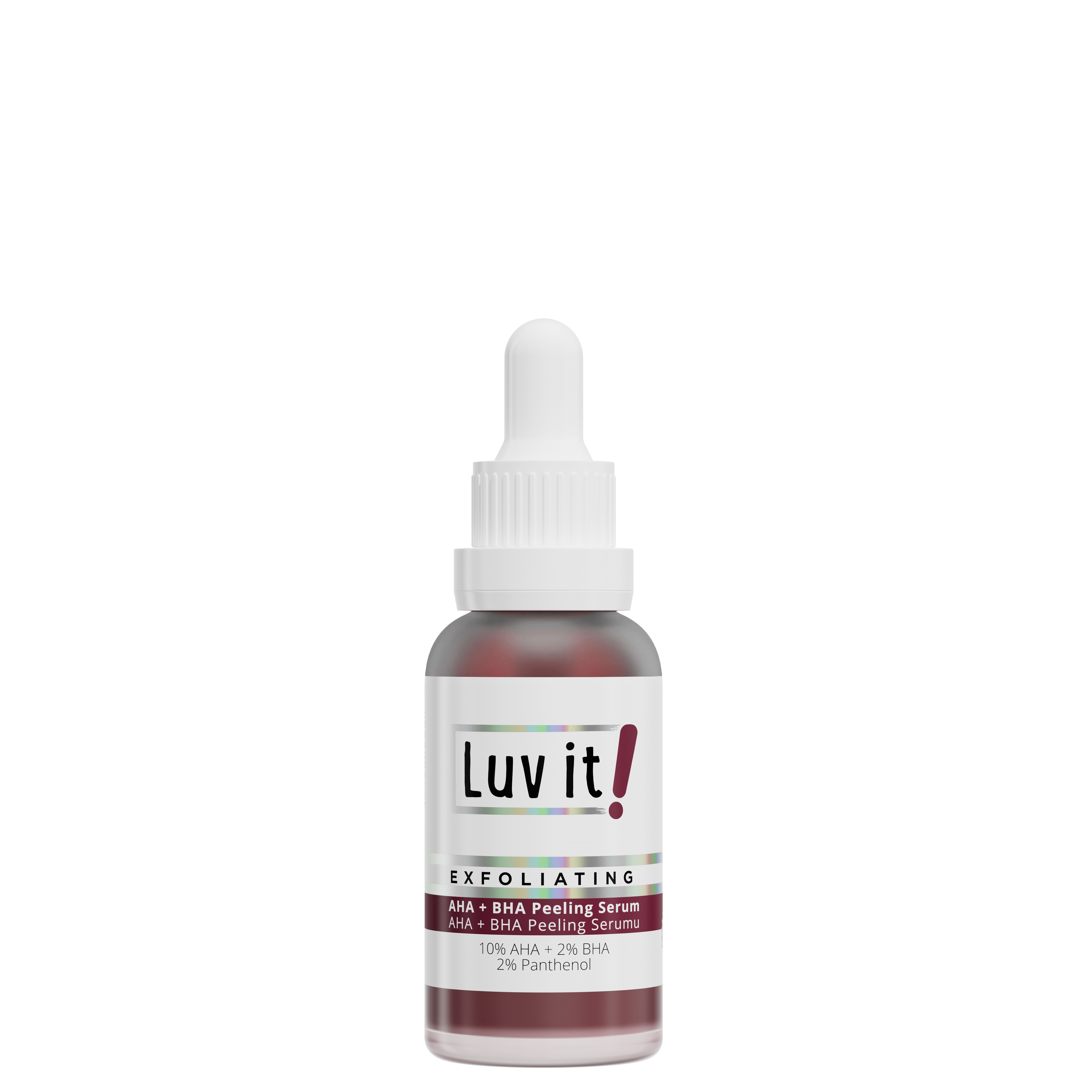 Luv It! Exfoliating AHA BHA Peeling Serum 30ml in a clear dropper bottle, vegan and fragrance-free facial serum for all skin types.