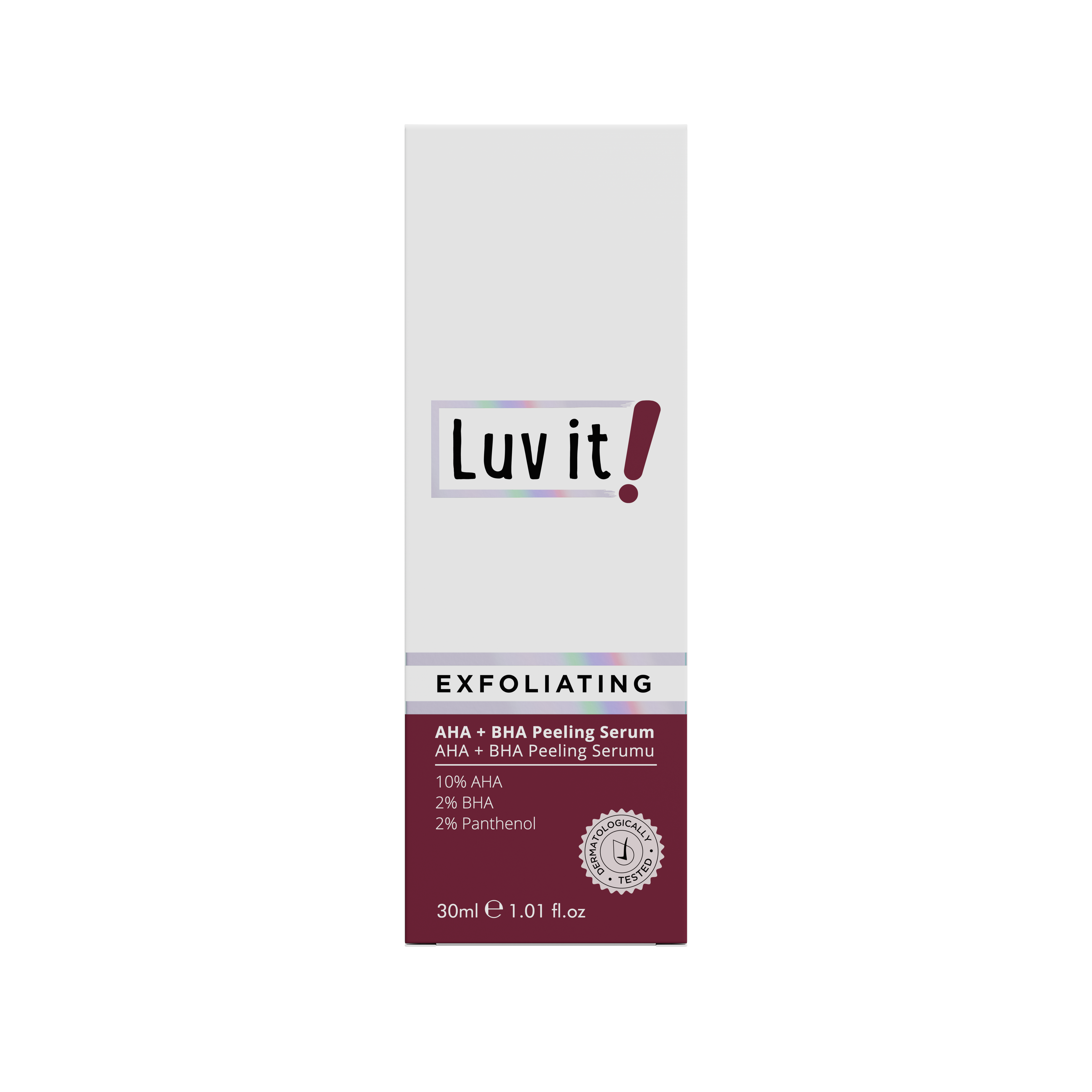 Front view of Luv It! Exfoliating AHA BHA Peeling Serum box, highlighting 10% AHA, 2% BHA, and 2% Panthenol for gentle exfoliation.