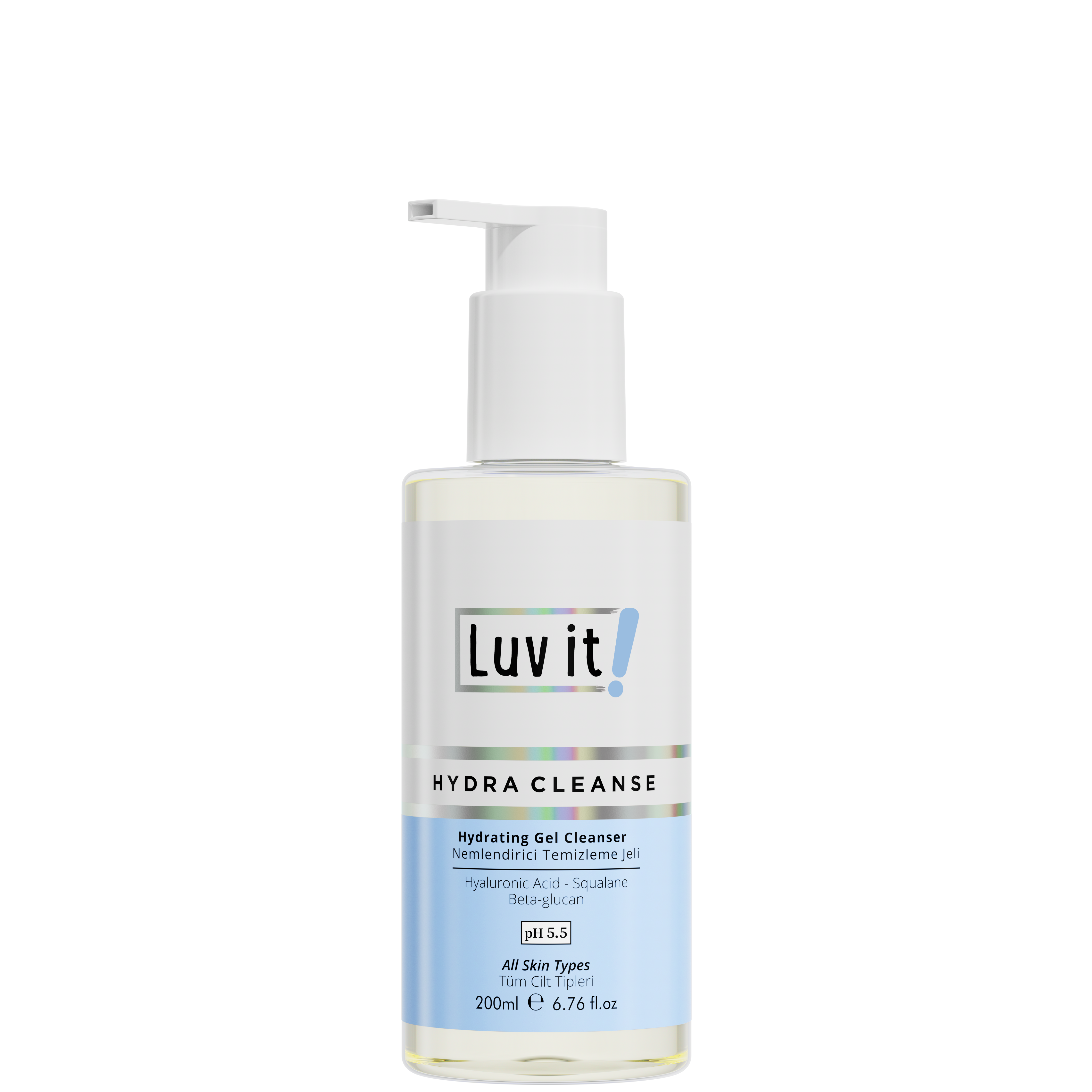Luv It! Hydra Cleanse Vegan Hydrating Gel Cleanser 200ml bottle with pump, alcohol-free formula for all skin types with hyaluronic acid and squalane.