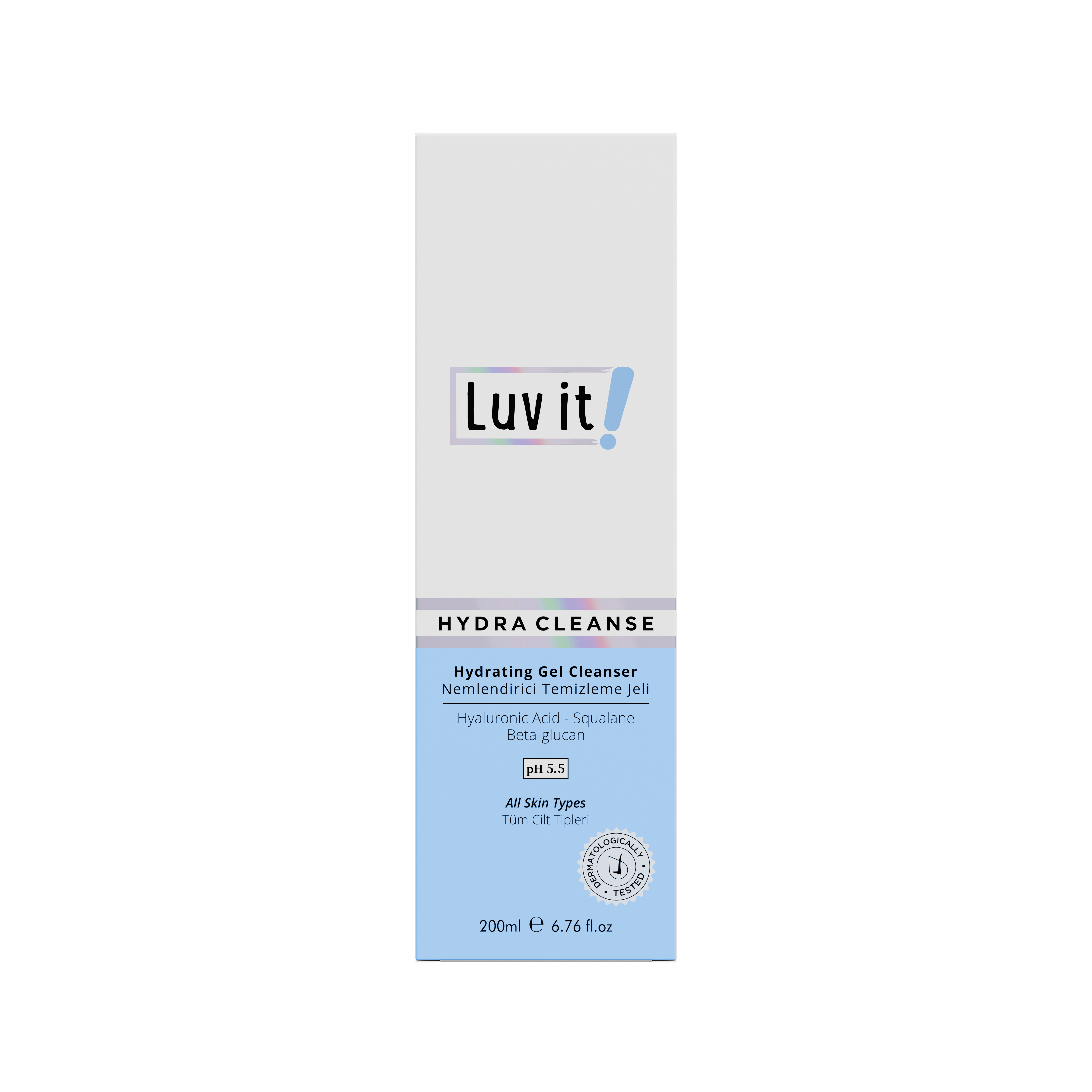 Front view of Luv It! Hydra Cleanse Vegan Hydrating Gel Cleanser box, highlighting key ingredients like niacinamide and beta-glucan for sensitive skin.