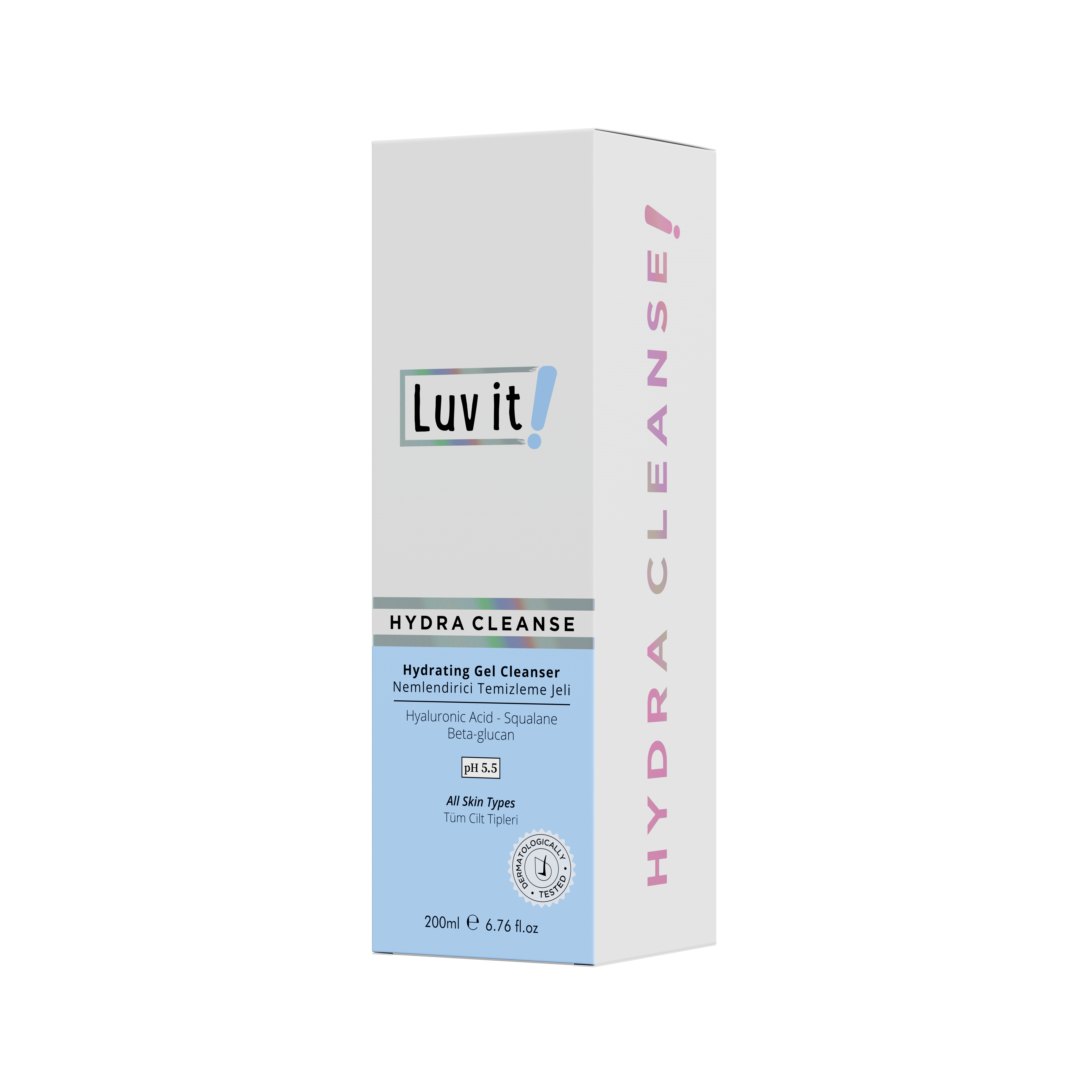 Side view of Luv It! Hydra Cleanse Vegan Gel Cleanser box with bold branding and product details for hydrating and strengthening the skin barrier.