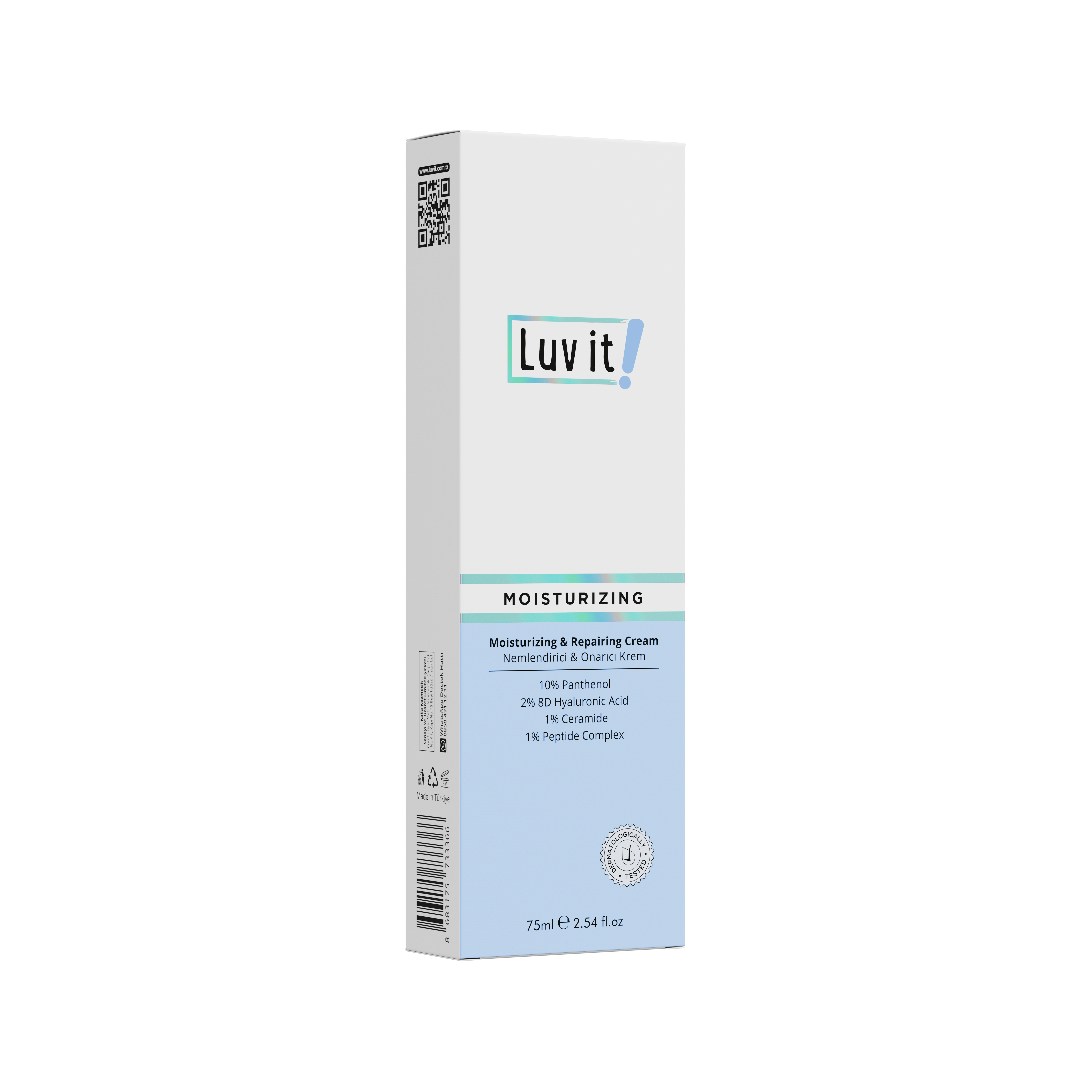 Angled side view of Luv It! Moisturizing Cream packaging highlighting vegan skincare benefits and active ingredients for barrier repair and hydration.