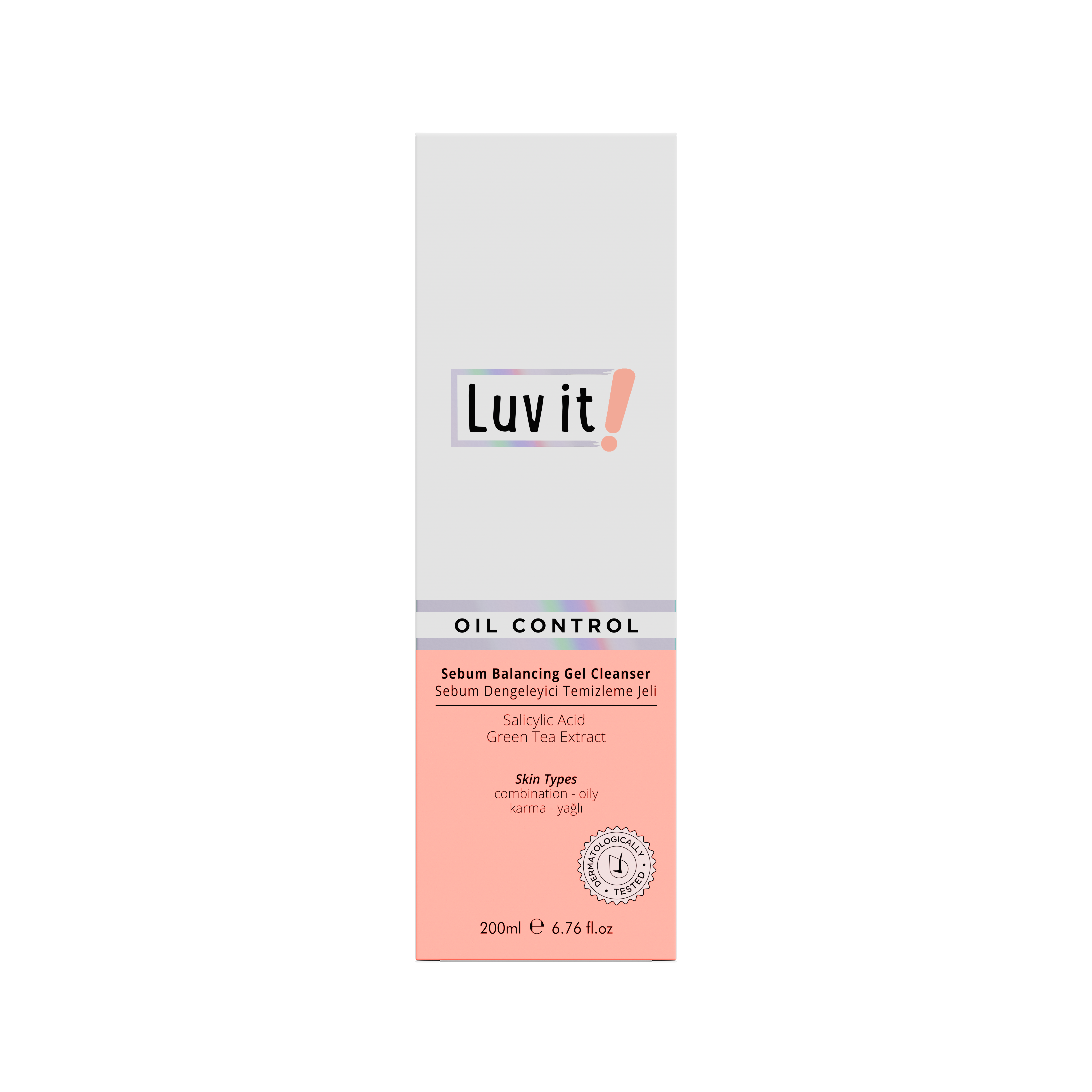 Front view of Luv It! Oil Control Sebum Balancing Gel Cleanser box, highlighting salicylic acid and green tea extract for oil control.