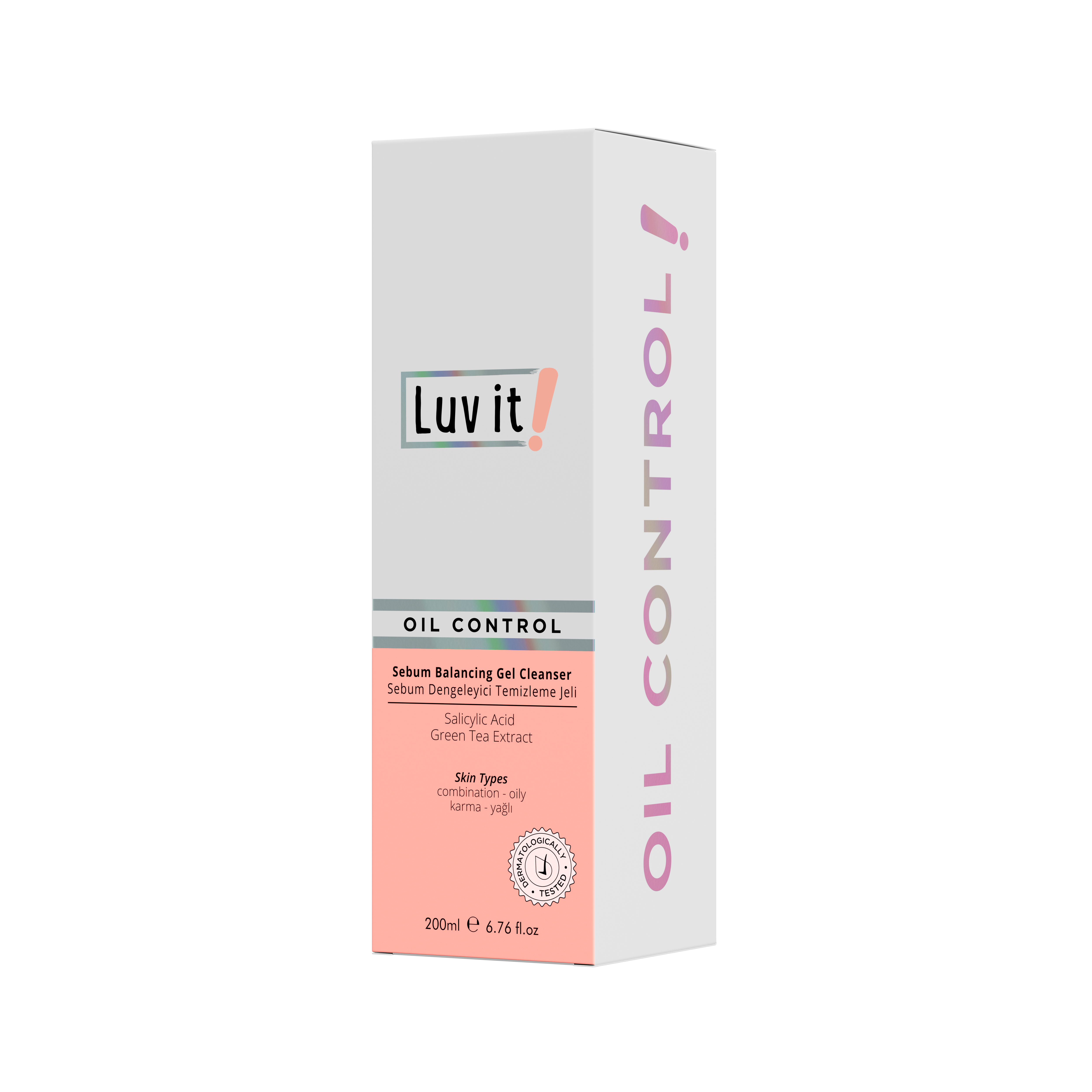 Side view of Luv It! Oil Control Sebum Balancing Gel Cleanser box with bold branding and skincare benefits for excess oil and pores.
