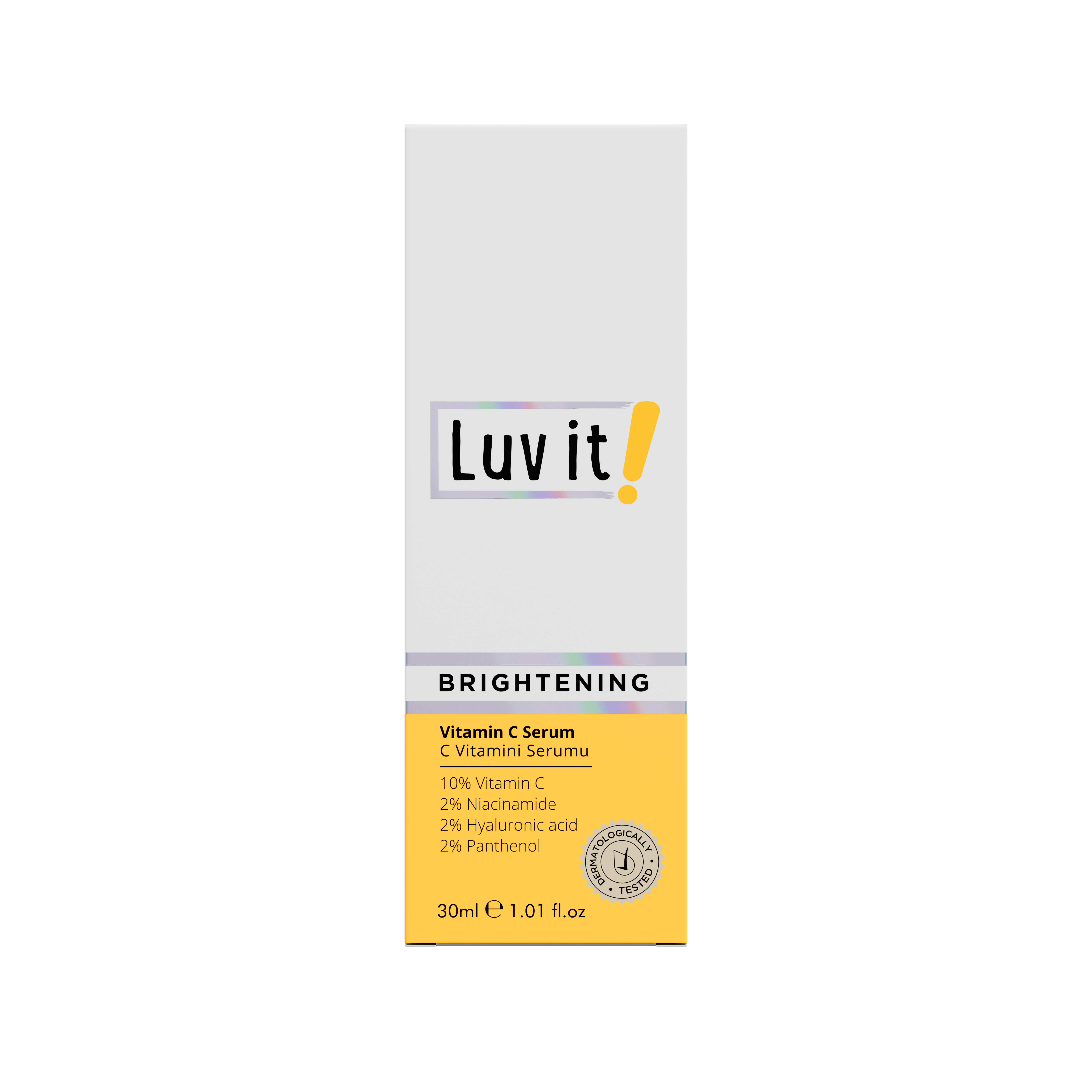 Front view of Luv It Vitamin C Brightening Serum packaging, highlighting 10% Vitamin C, niacinamide, and hyaluronic acid for dull skin.