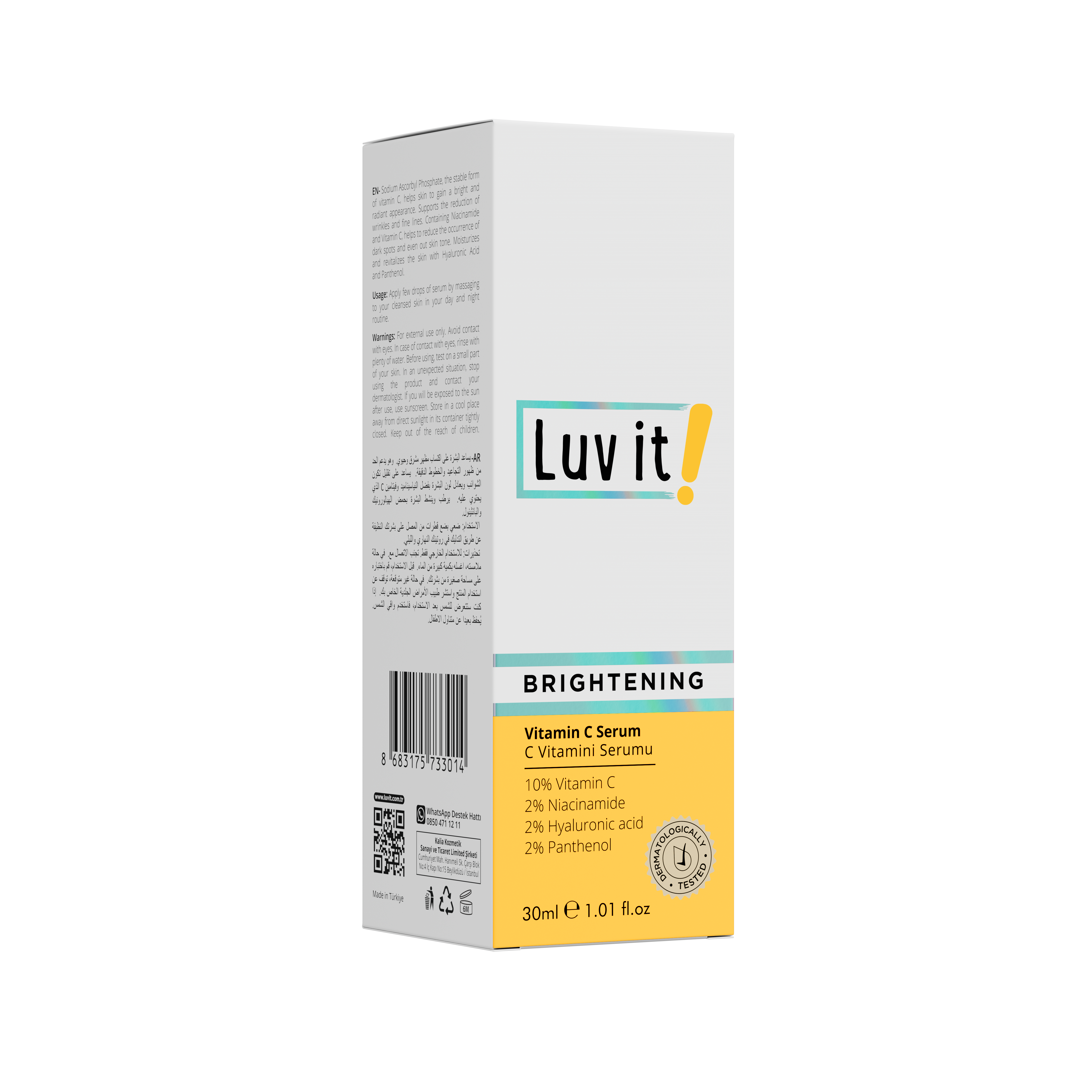 Angled view of Luv It Vitamin C Brightening Serum box showing ingredients like Vitamin C, niacinamide, and hyaluronic acid for all skin types.