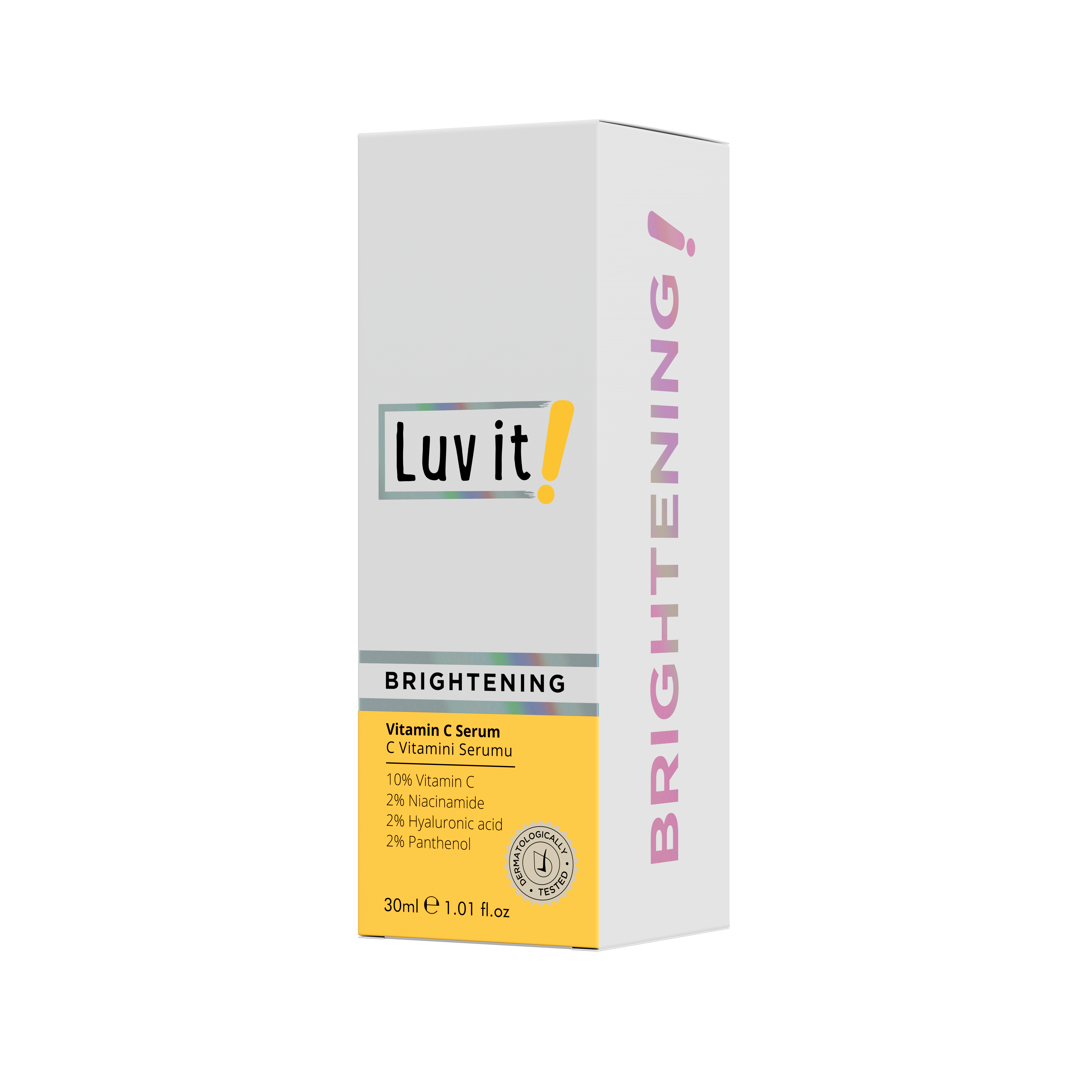 Side view of Luv It Vitamin C Brightening Serum 30ml packaging with bold 'Brightening!' text and skincare benefits for uneven skin tone.