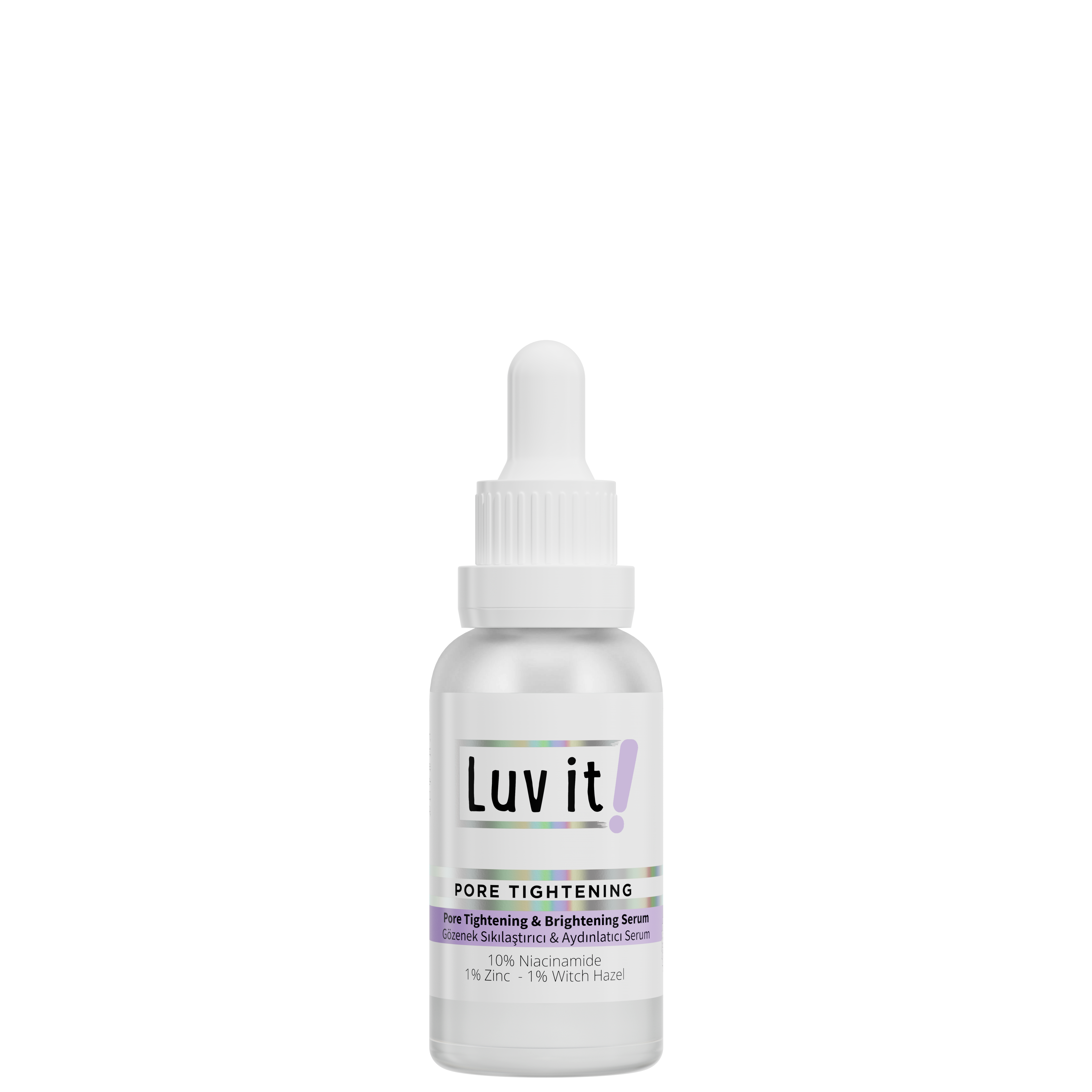 Luv It! Pore Tightening & Brightening Serum 30 ml with Niacinamide, Zinc, and Witch Hazel in a white dropper bottle for oily and combination skin.