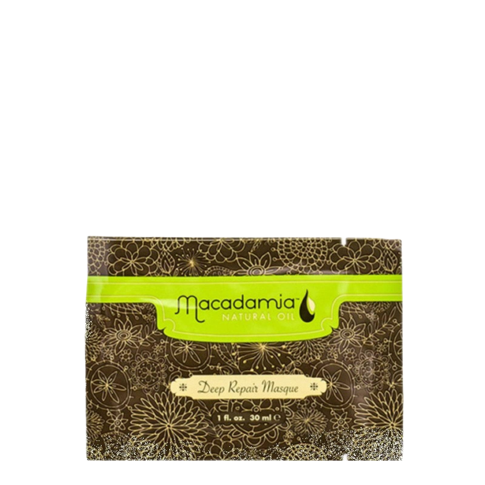 Macadamia Deep Repair Mask 30 ml hair treatment masque enriched with macadamia and argan oil for nourishing and repairing damaged hair.