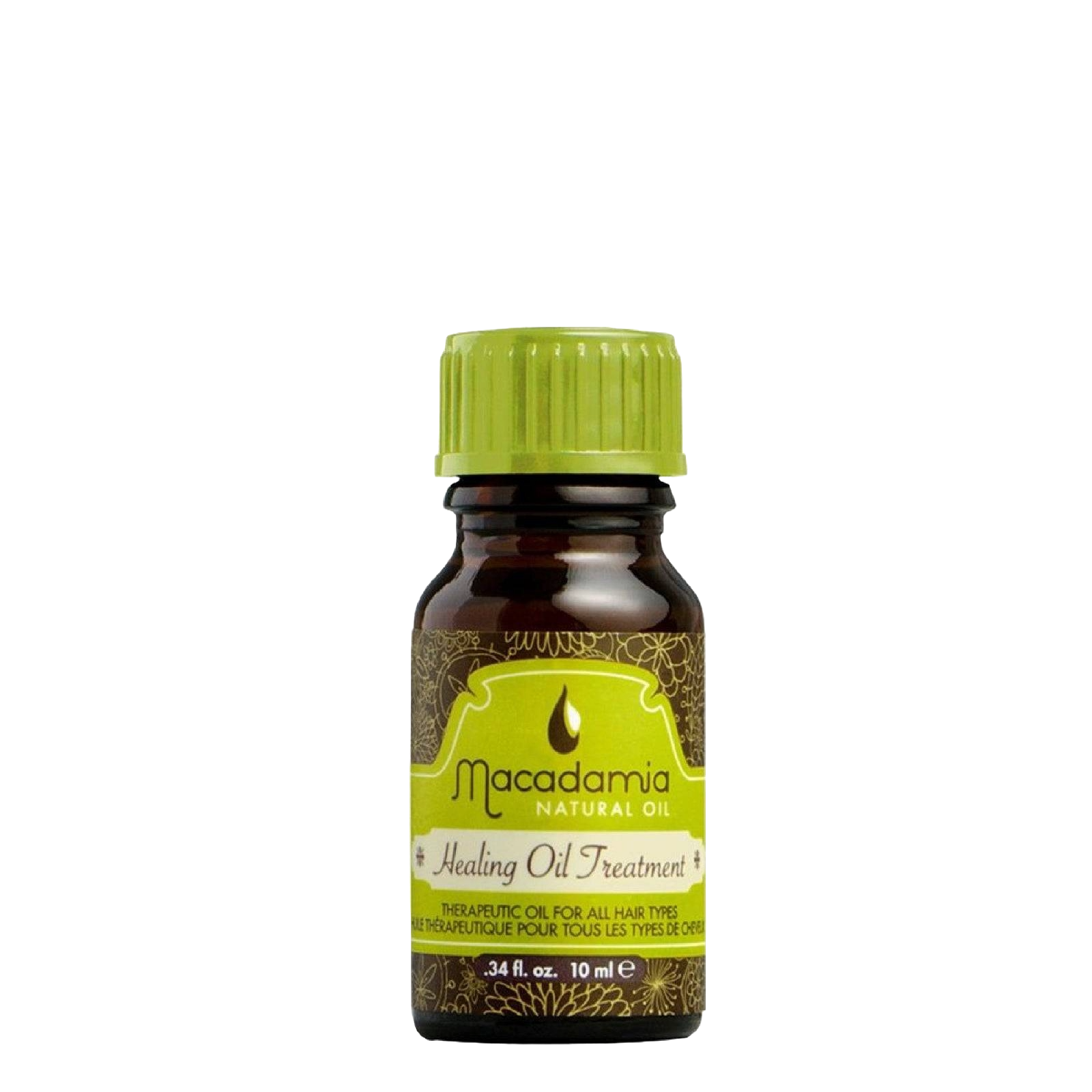 Macadamia Healing Oil Treatment 10 ml for all hair types, infused with macadamia oil to nourish dry, damaged hair. Paraben and sulfate-free formula.
