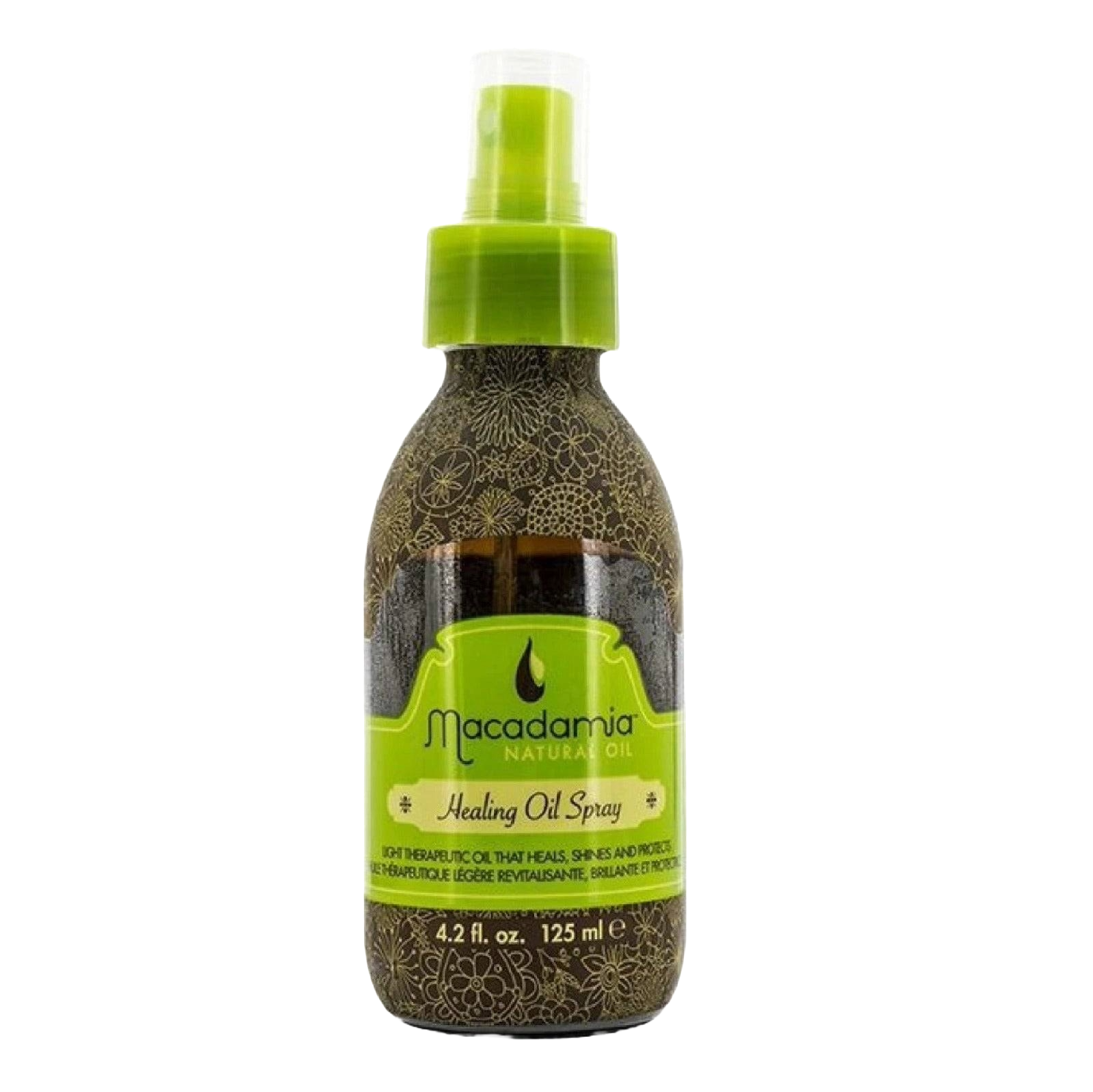 Macadamia Healing Oil Spray 125 ml, a lightweight leave-in treatment infused with macadamia and argan oils. Provides nourishment, shine, and heat protection for all hair types.