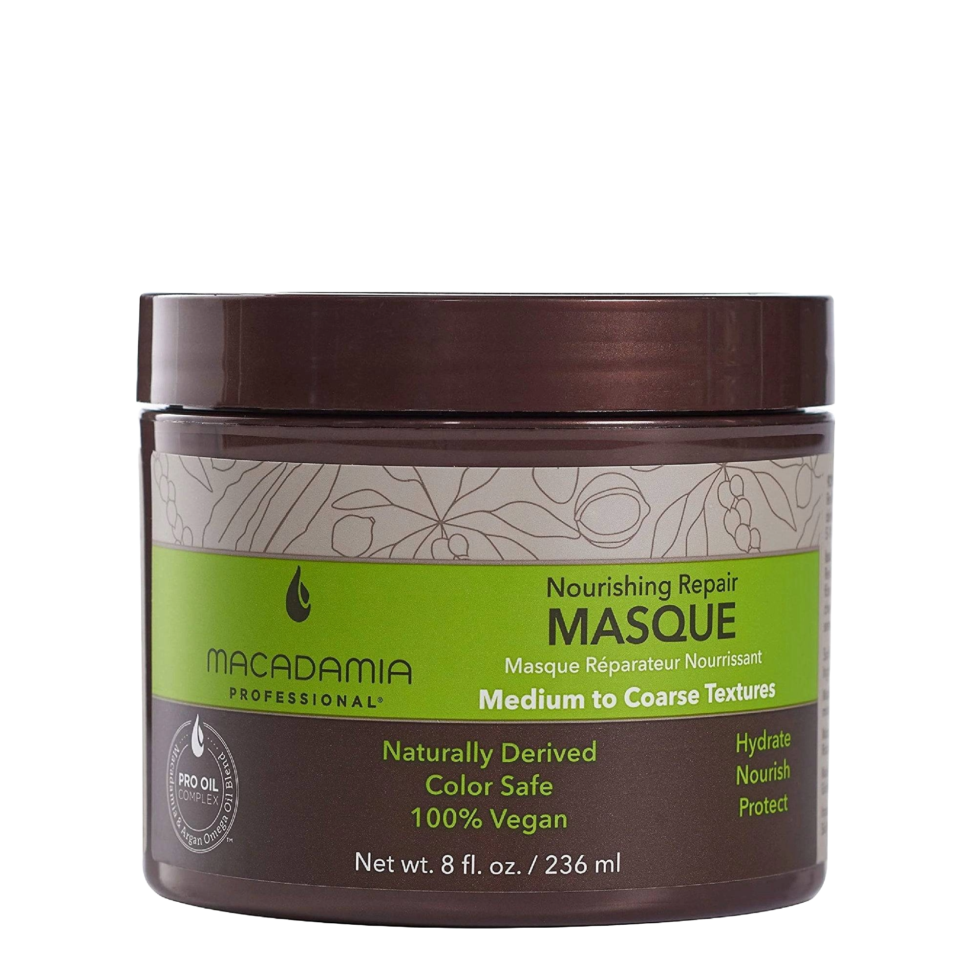 Macadamia Nourishing Repair Mask 236 ml deeply hydrates and repairs damaged hair with macadamia and argan oils. Ideal for dry, colored, and over-processed hair.