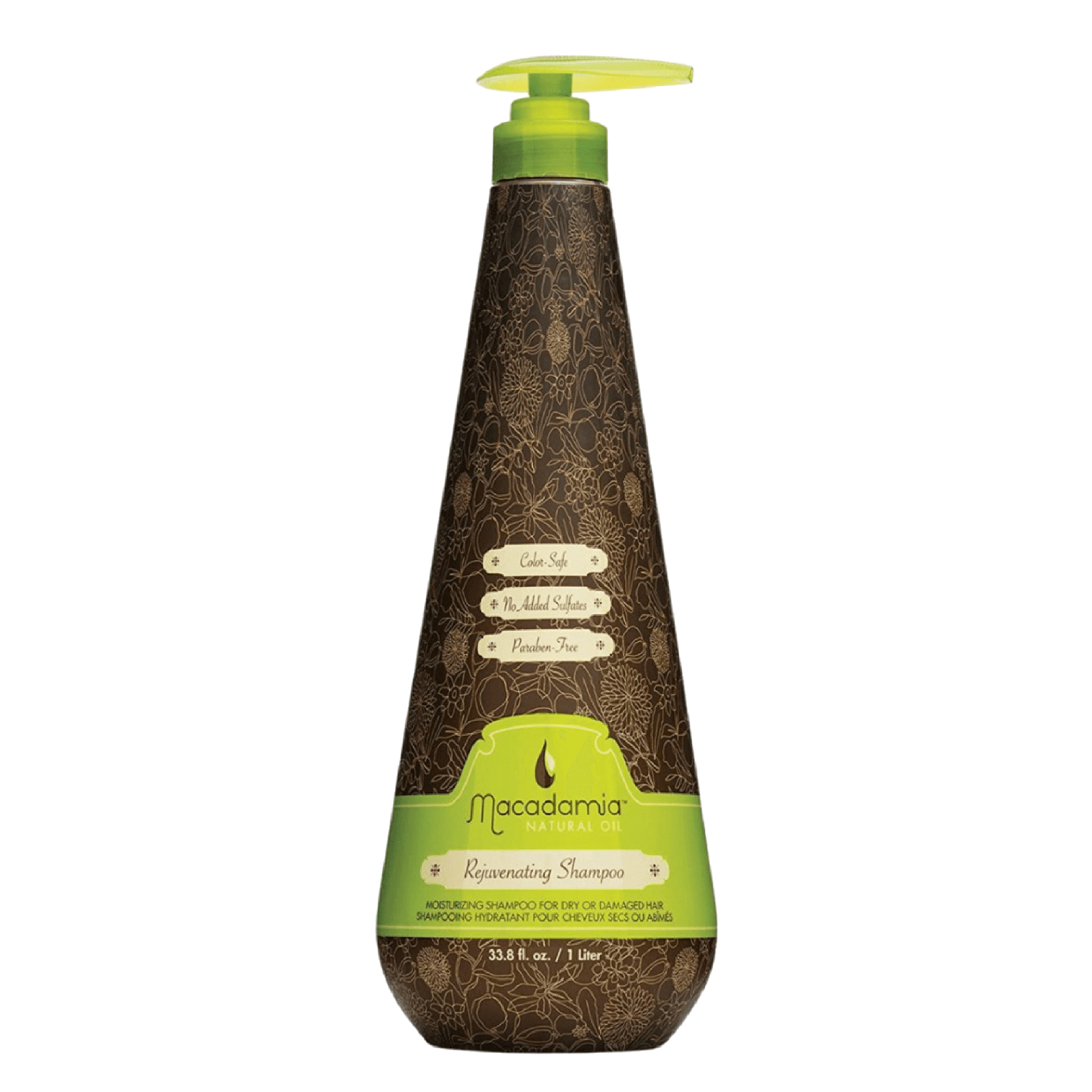 Macadamia Rejuvenating Shampoo 1000 ml in a brown and green bottle with a pump dispenser. Infused with macadamia and argan oils for nourishing hair care.