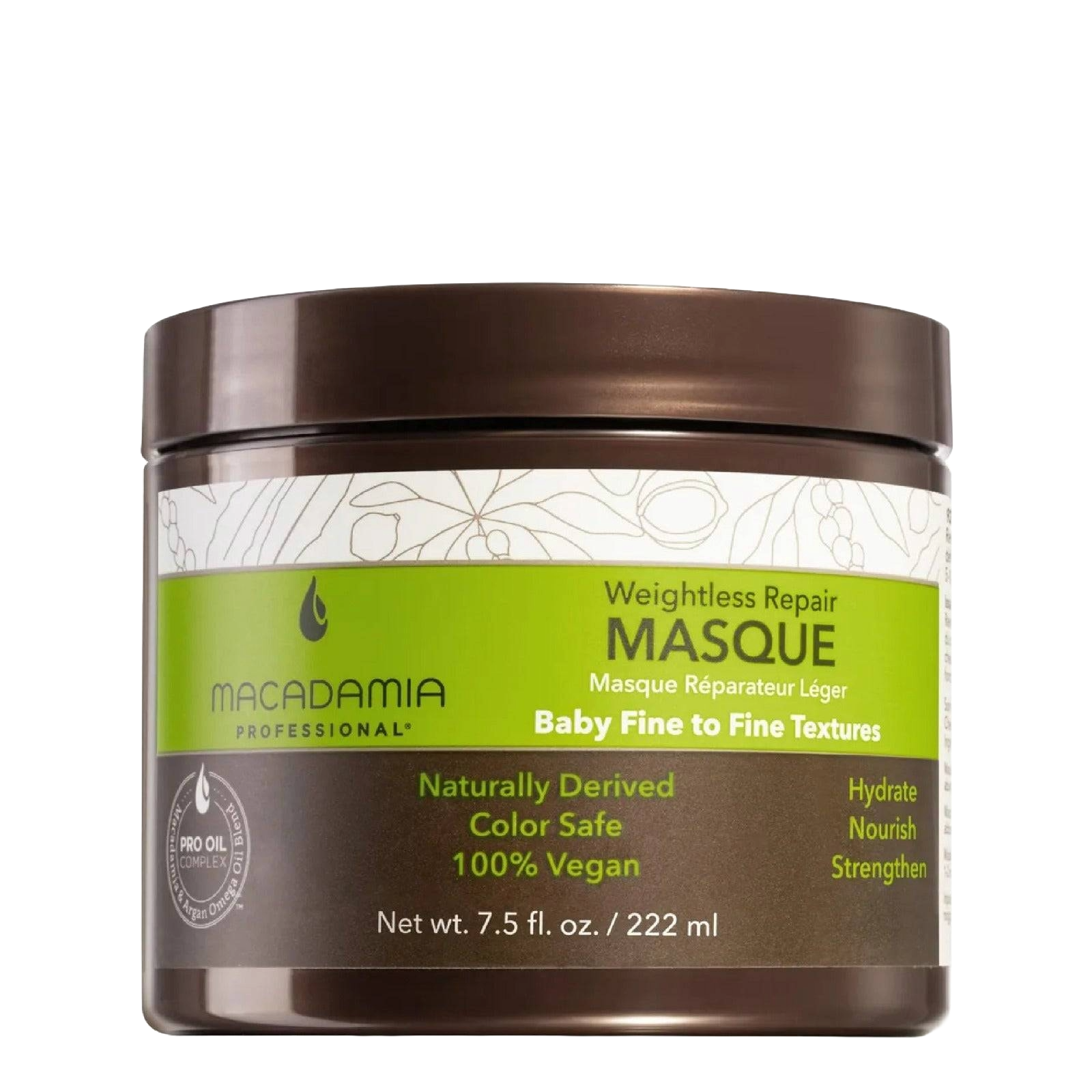 Macadamia Weightless Moisture Mask 222 ml, a lightweight hair treatment masque for fine hair. Infused with macadamia and argan oils to hydrate and strengthen without weighing hair down.