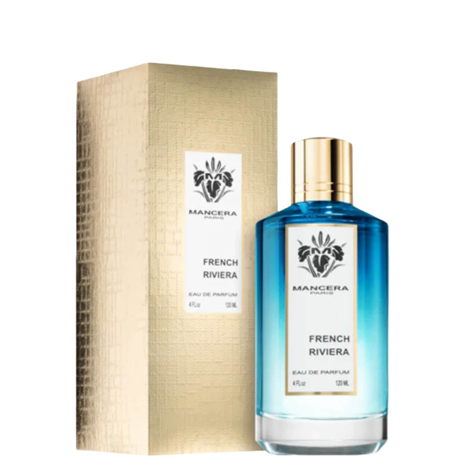 Mancera French Riviera Perfume - 120 ml bottle with gold cap and luxury packaging, ideal unisex fragrance in Eaux de Parfum category.