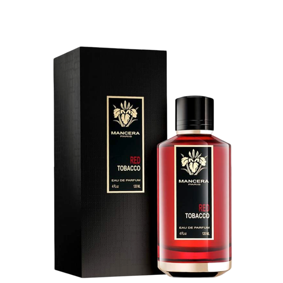 Mancera Red Tobacco Perfume 120ml with box, a woody spicy unisex fragrance featuring bold notes of cinnamon, oud, and tobacco.