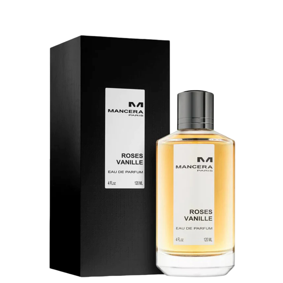 Mancera Roses Vanille Perfume 120 ml with black box packaging, ideal for women seeking a luxurious oriental vanilla fragrance.