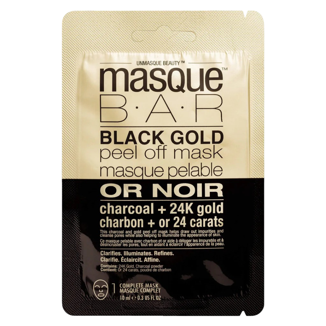 Masque Bar Black Gold Peel-Off Mask 10 ml pouch with charcoal and 24K gold for detox, brightening, and pore refining skincare treatment.