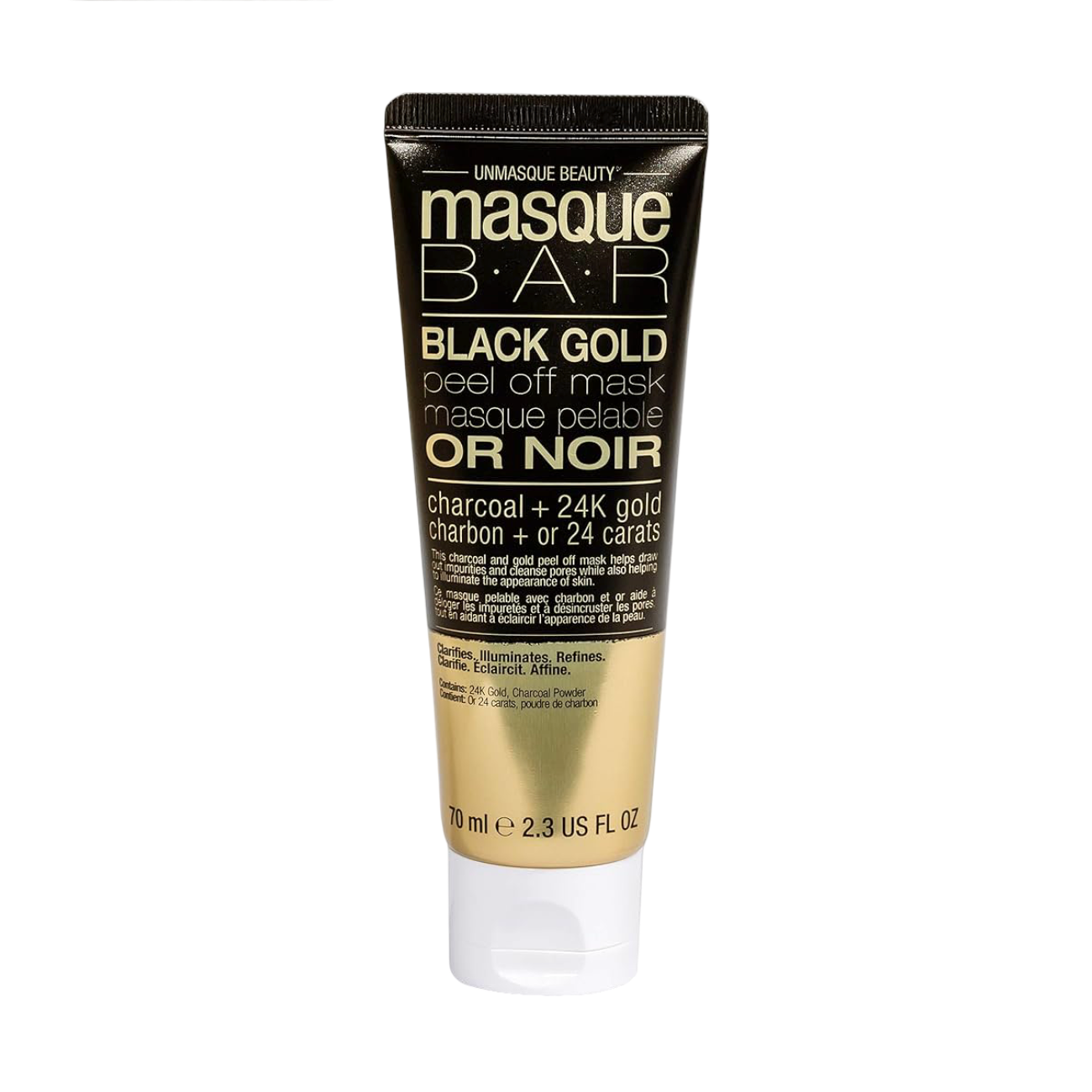 Masque Bar Black Gold Peel-Off Mask 70 ml tube with charcoal and 24K gold for radiant detox. Ideal for oily, dull, and uneven skin tones.