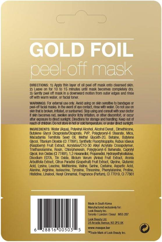 Back of Masque Bar Gold Foil Peel-Off Mask showing directions, ingredients, and product details for skin detox and firming benefits.