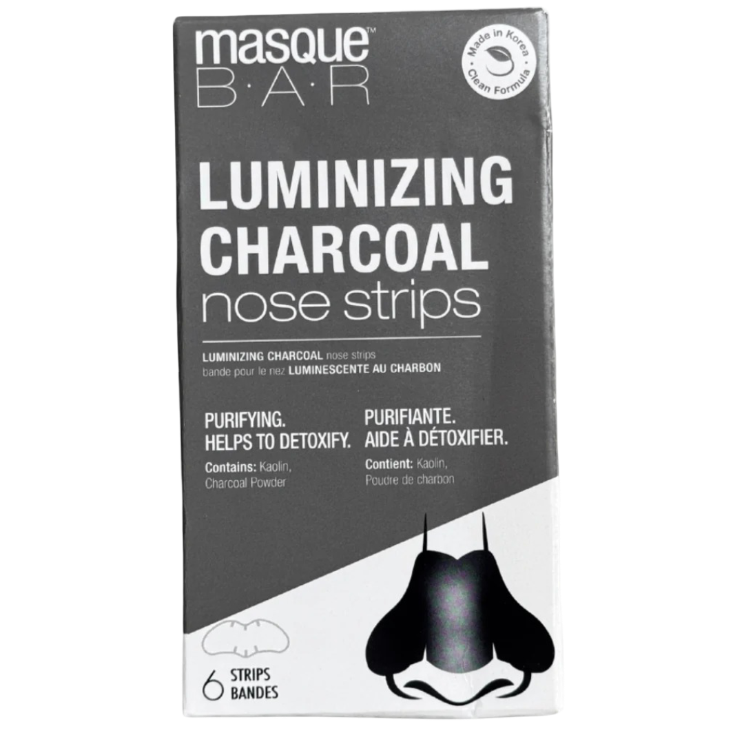 Masque Bar Luminizing Charcoal Nose Strips box with 6 strips for blackhead removal and deep pore cleansing, ideal for oily and dull skin.