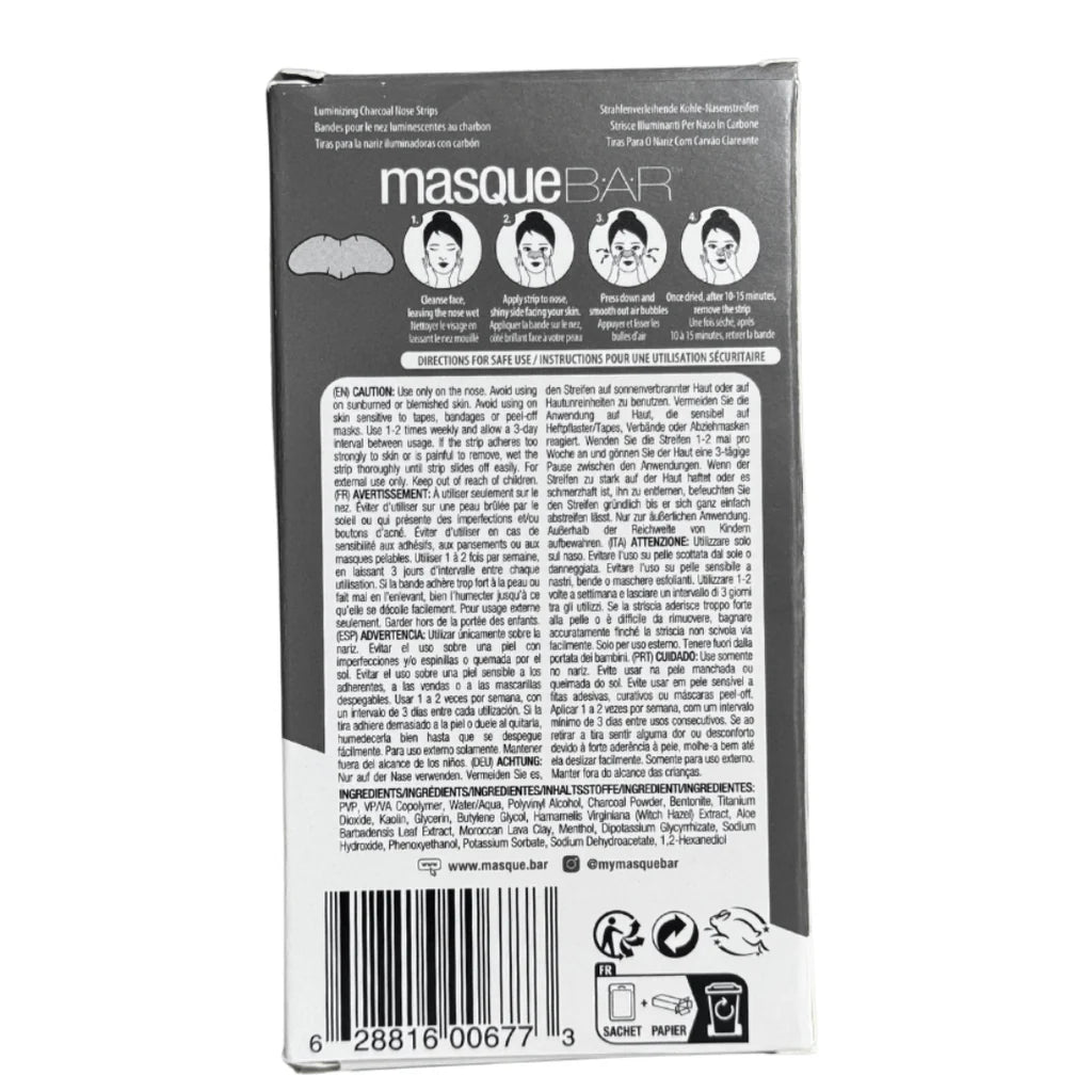 Back of Masque Bar Luminizing Charcoal Nose Strips packaging showing usage instructions and ingredients for detoxifying skincare treatment.