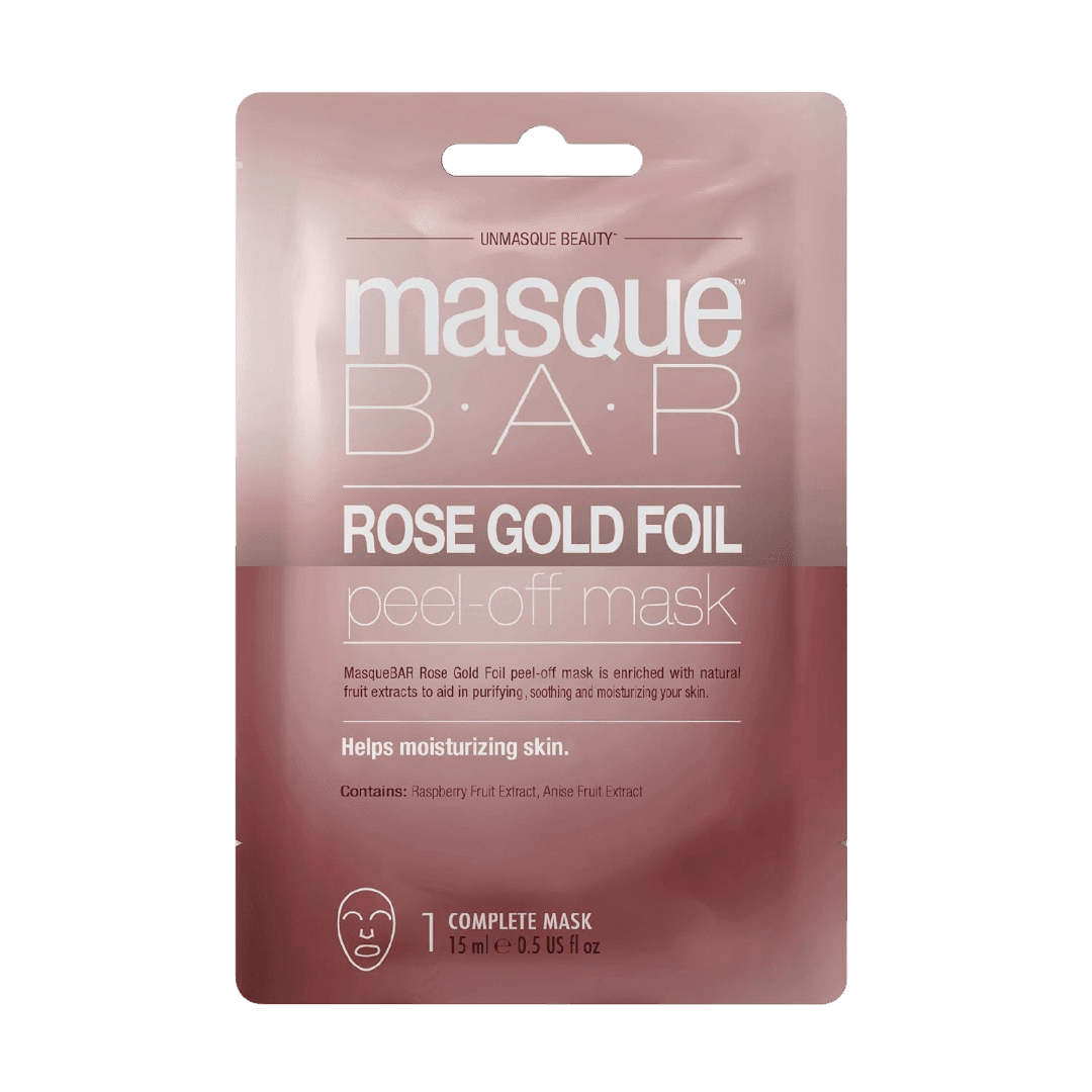 Masque Bar Rose Gold Peel Off Mask 12 ml in metallic pink packaging for detox and glow, ideal for all skin types and pore refining.