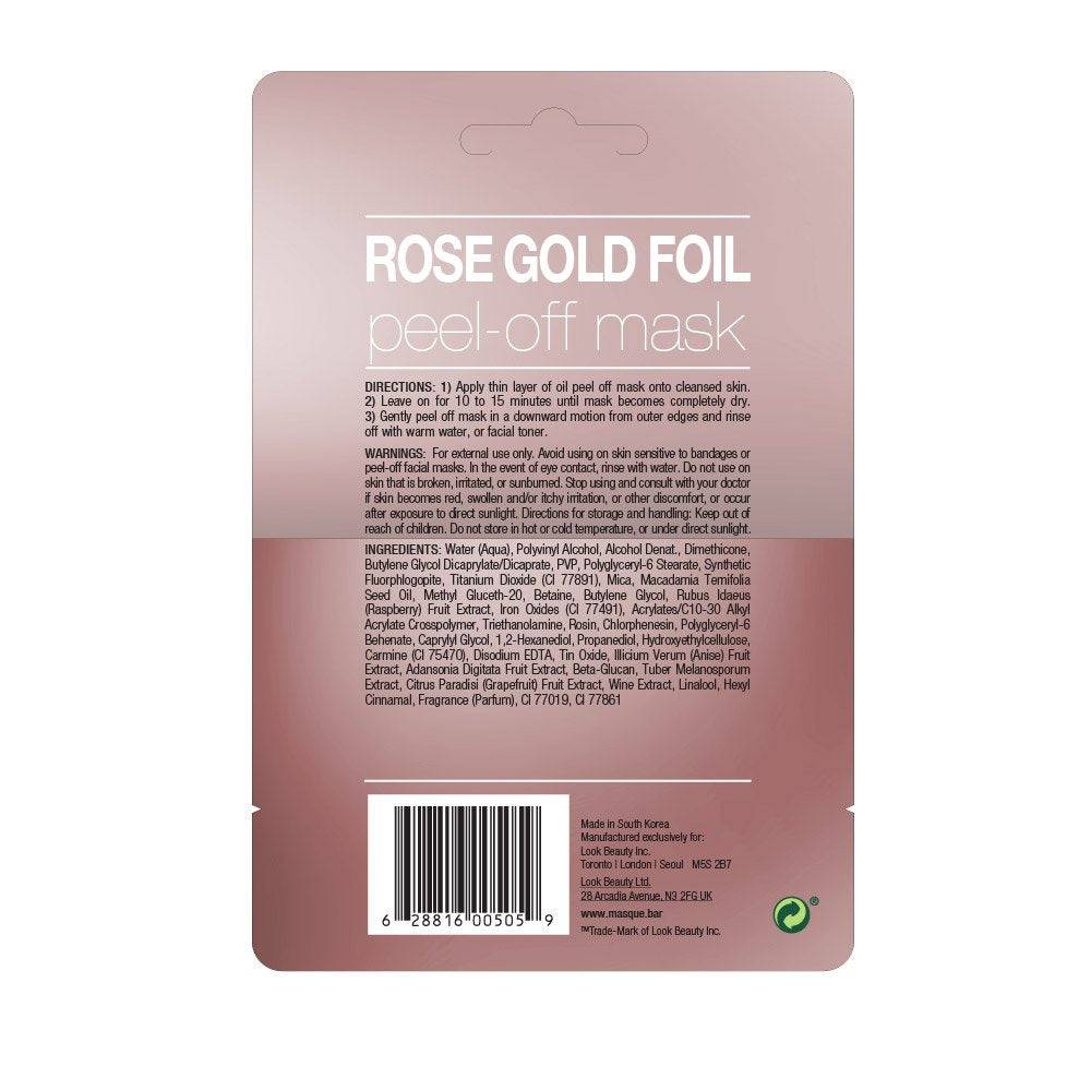 Back view of Masque Bar Rose Gold Peel Off Mask showing directions, ingredients, and product details for skin detox and radiance.