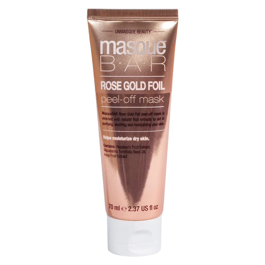 Masque Bar Rose Gold Peel Off Mask 70 ml tube for detox and glow, ideal for purifying pores and moisturizing dry skin in skincare routines.