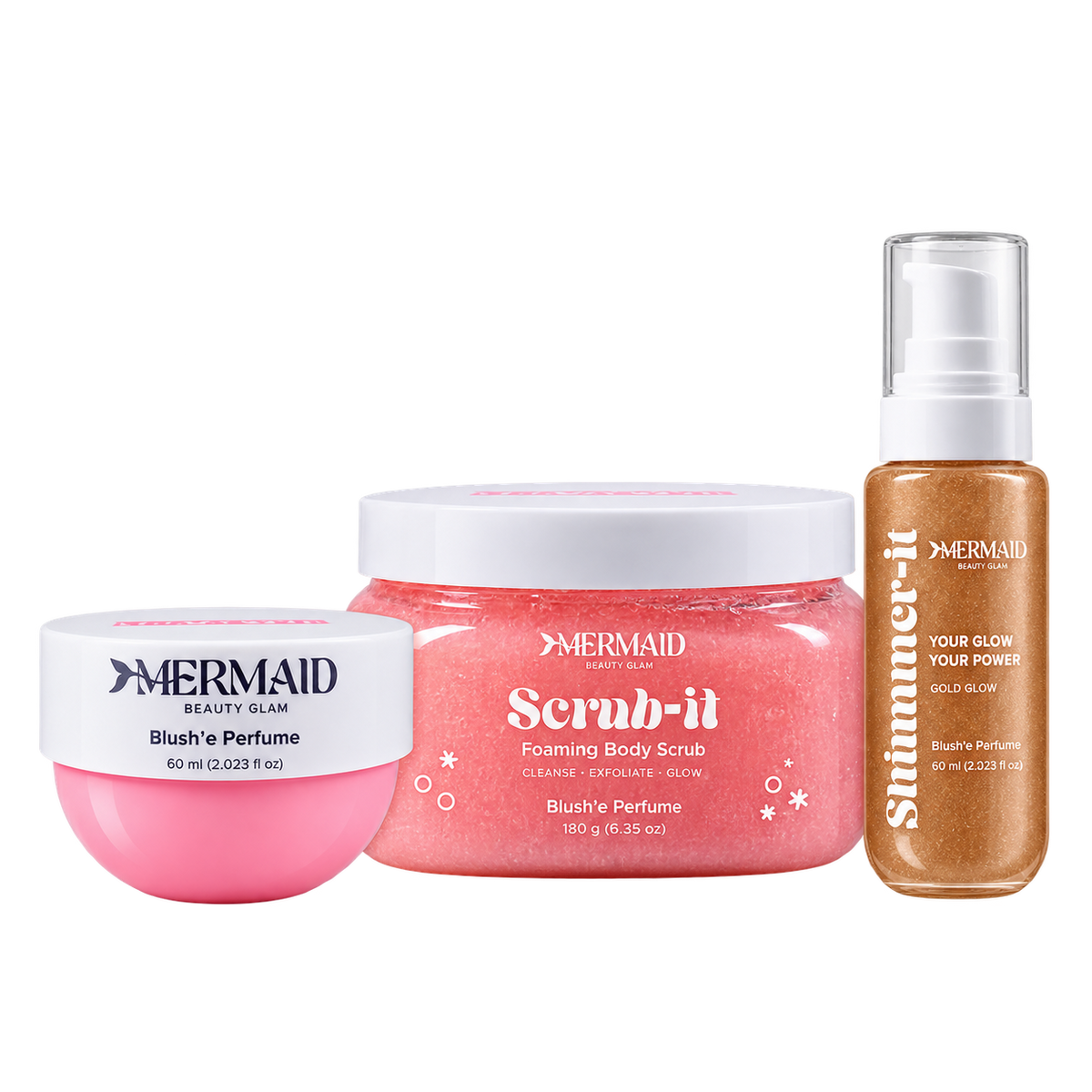 Mermaid beauty set with pink foaming body scrub, perfumed body butter, and shimmering oil in clear bottles, ideal for radiant skin