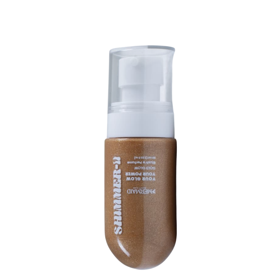 Mermaid Pink Oil - Shimmering Body Oil in travel-size pump bottle, lightweight gold shimmer for soft, glowing skin and easy application.