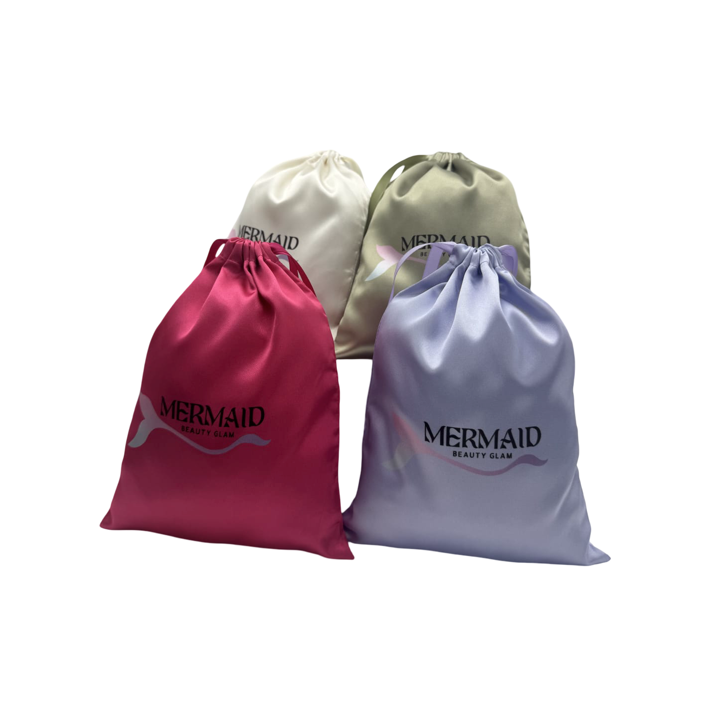 Set of Mermaid Satin Hair Caps in assorted colors with branded storage bags, designed for all hair types to reduce frizz and breakage.