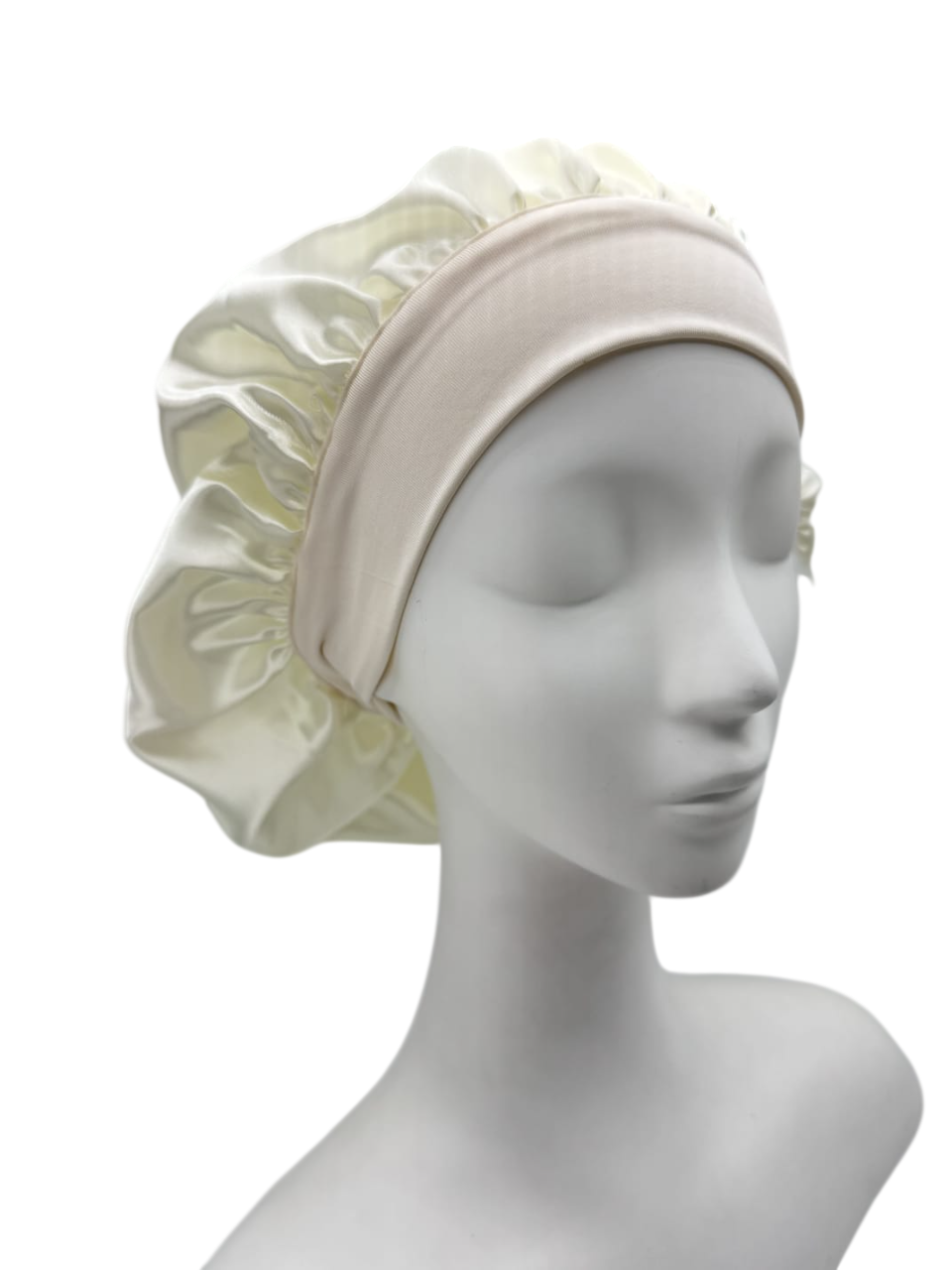 Ivory Mermaid Satin Hair Cap displayed on mannequin head, featuring soft elastic band for secure overnight wear and frizz control.