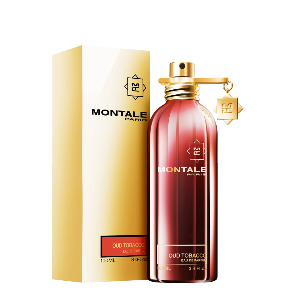 Montale Oud Tobacco Eau De Parfum 100 ml bottle with gold cap and box, featuring a bold tobacco oud fragrance with citrus and wood notes.