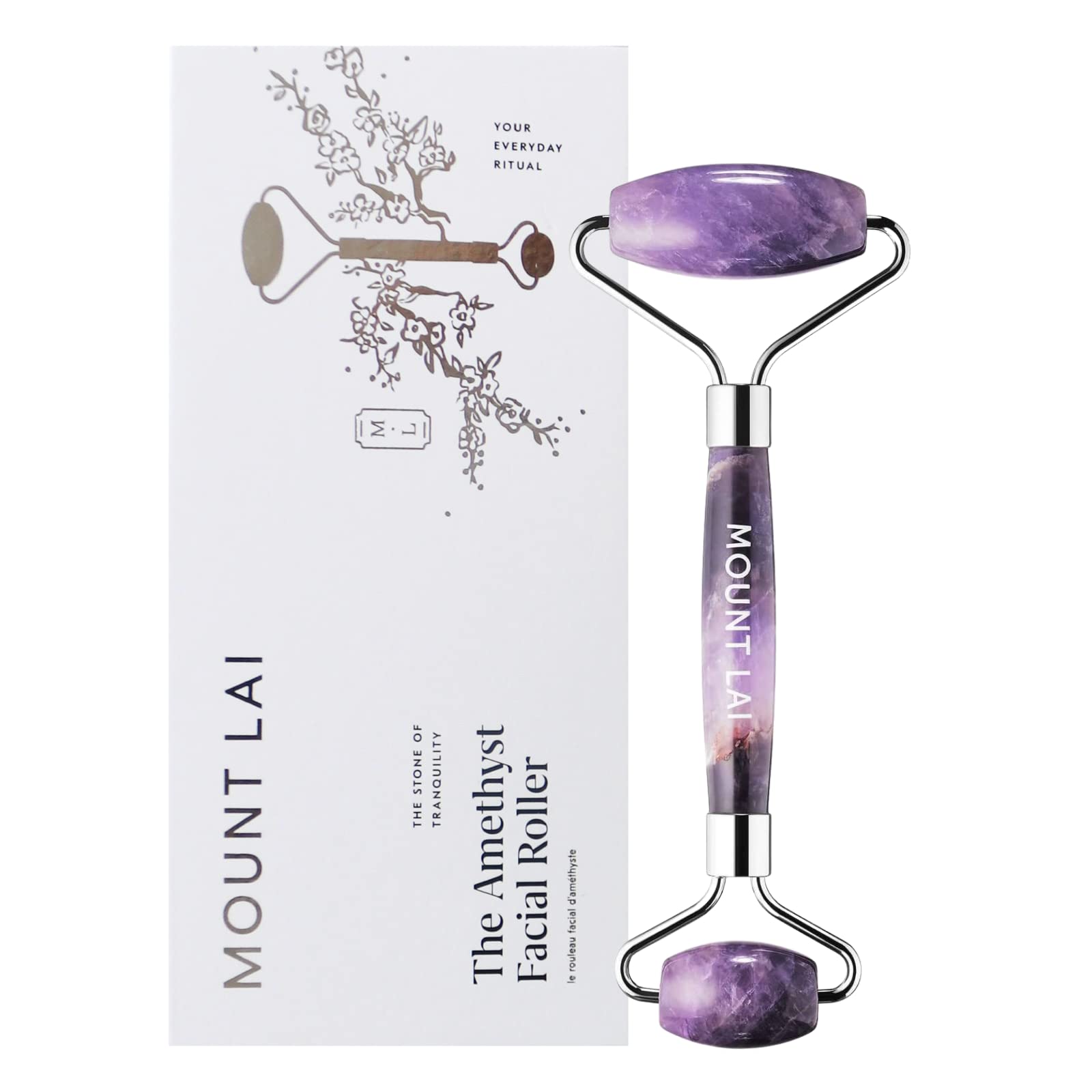 Mount Lai The Amethyst Facial Roller with packaging, a luxurious gemstone skincare tool that promotes lymphatic drainage and soothes the skin.