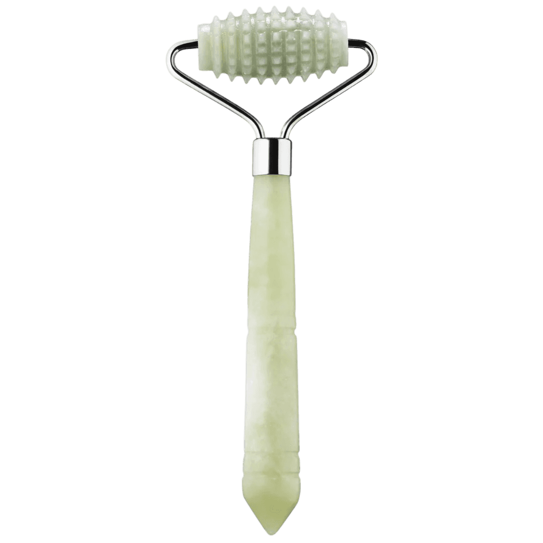 Mount Lai The Jade Massage Textured Facial Roller featuring a textured jade stone roller and sleek jade handle for deep facial massage and circulation boost.