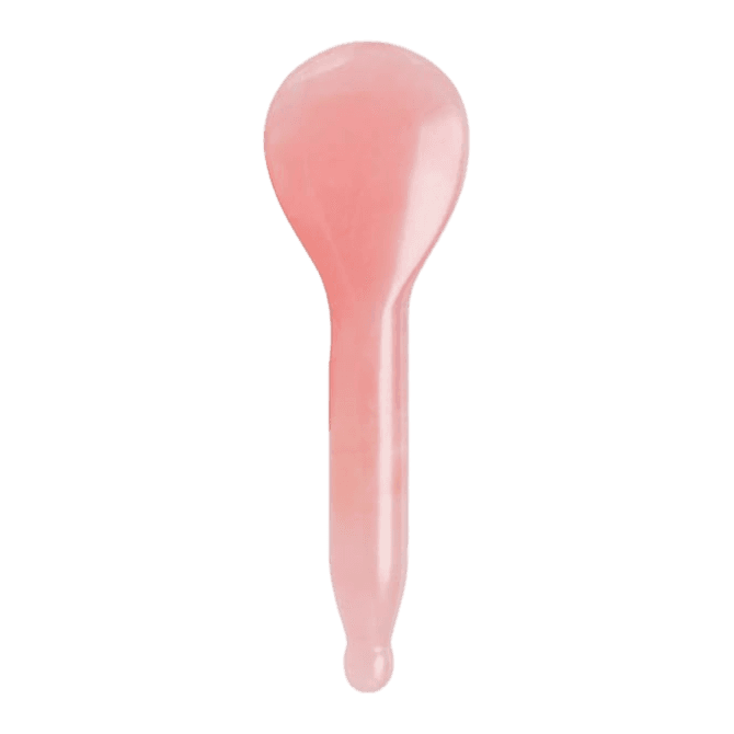 Mount Lai The Rose Quartz Acupressure Gua Sha Spoon, a handcrafted skincare tool made from natural rose quartz, designed for facial massage and acupressure therapy.