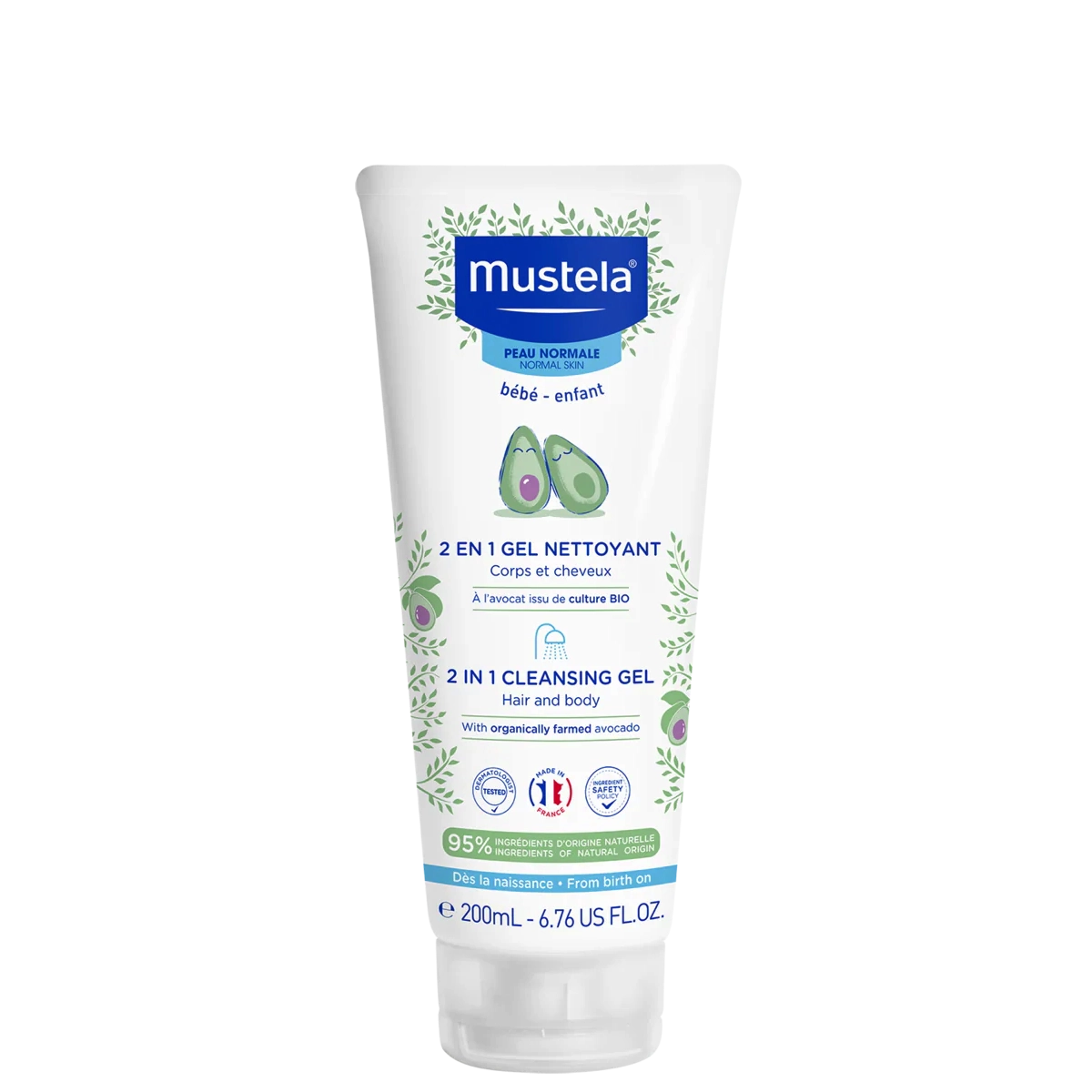 Mustela 2 in 1 Cleansing Gel Hair & Body 200 ml for babies with 95% natural ingredients and organic avocado, ideal for gentle daily care.