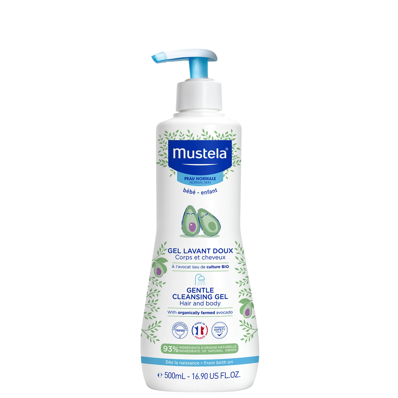 Mustela 500 ml Gentle Hair Cleansing Gel for baby skin and hair care with organic avocado. Ideal for newborns with dry or irritated skin.