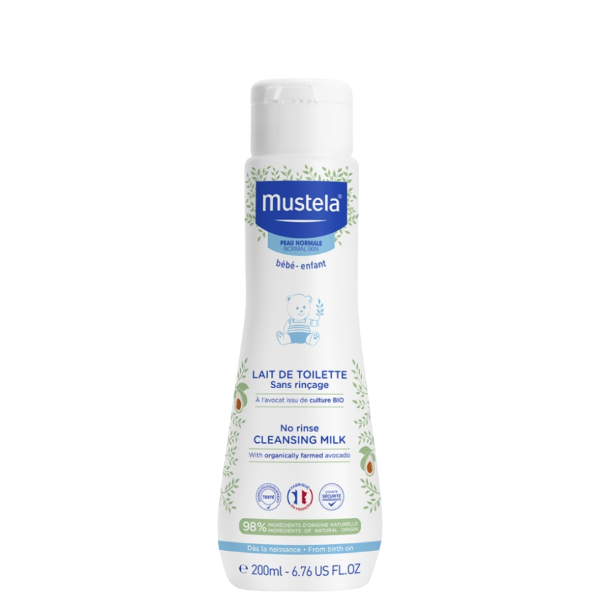 Mustela Cleansing Milk - Baby No Rinse Formula 200ml for face and nappy area, ideal for newborns with sensitive skin. Hydrating and gentle shampoo.
