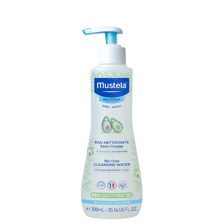 Mustela No Rinse Water - Baby Cleansing 300ml bottle with avocado extract, ideal for gentle no-rinse baby skin care and nappy area cleansing.