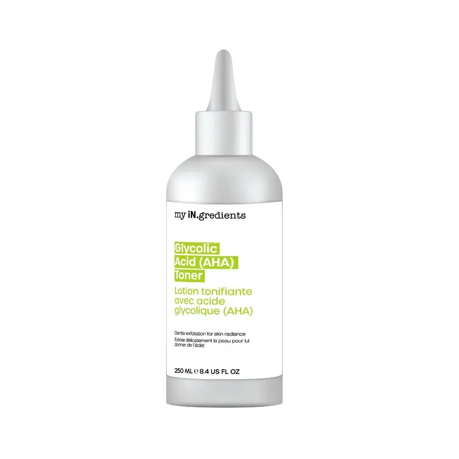My iN.gredients Glycolic Acid (AHA) Toner 250 ml in a sleek white bottle with pointed nozzle, ideal for gentle exfoliation and radiant skin.