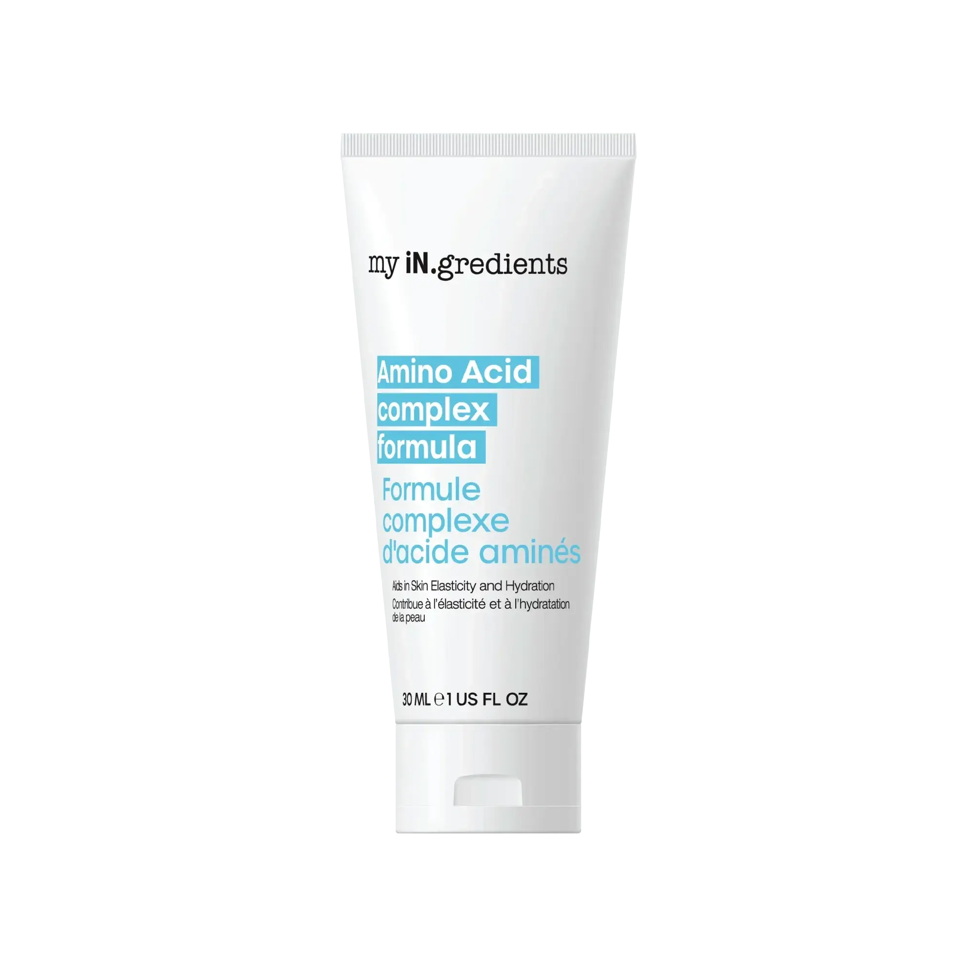 My iN.gredients Amino Acid Complex Formula 30 ml facial treatment in a white tube, designed to hydrate and firm skin with peptides and hyaluronic acid.