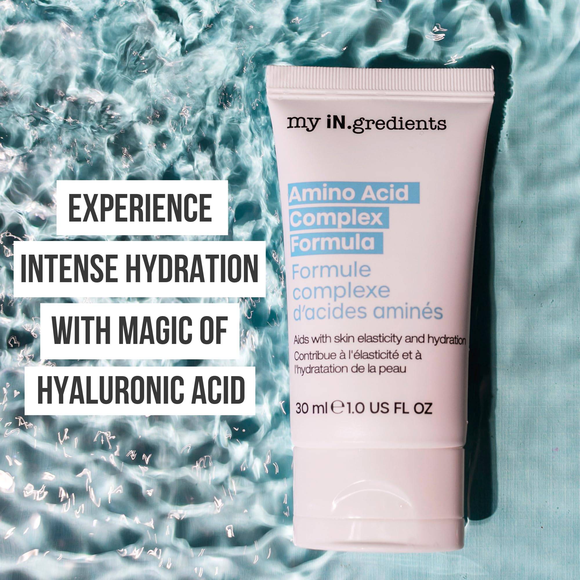 My iN.gredients Amino Acid Complex Formula 30 ml shown on water background, highlighting intense hydration with hyaluronic acid for all skin types.