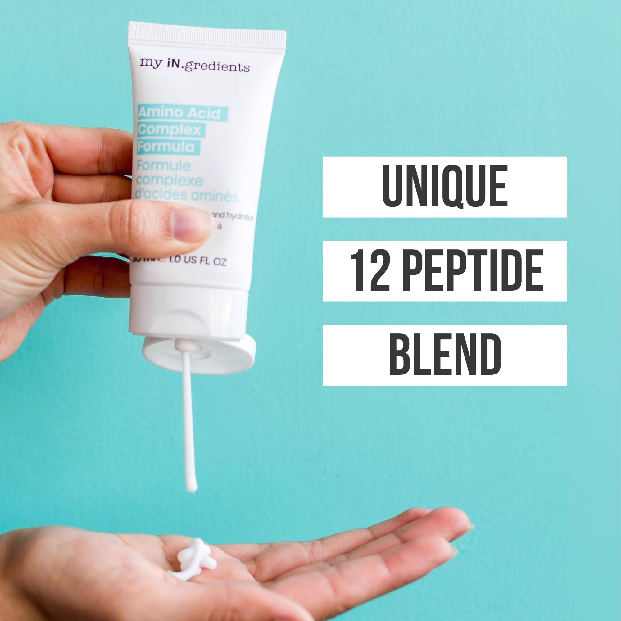 My iN.gredients Amino Acid Complex Formula 30 ml being dispensed into hand, emphasizing its unique 12 peptide blend for firm, hydrated skin.