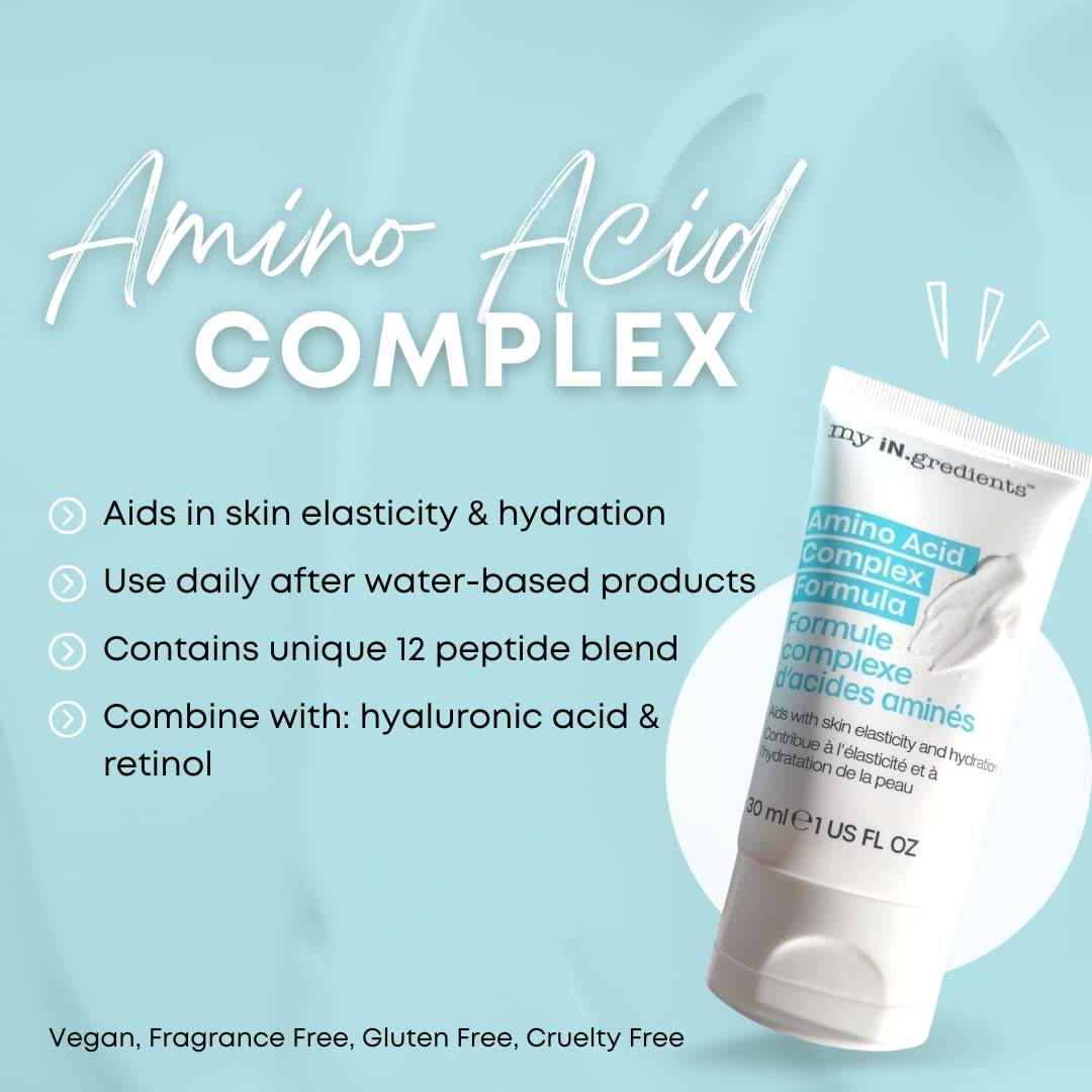 My iN.gredients Amino Acid Complex Formula 30 ml with product benefits listed, including hydration, elasticity, and compatibility with retinol.