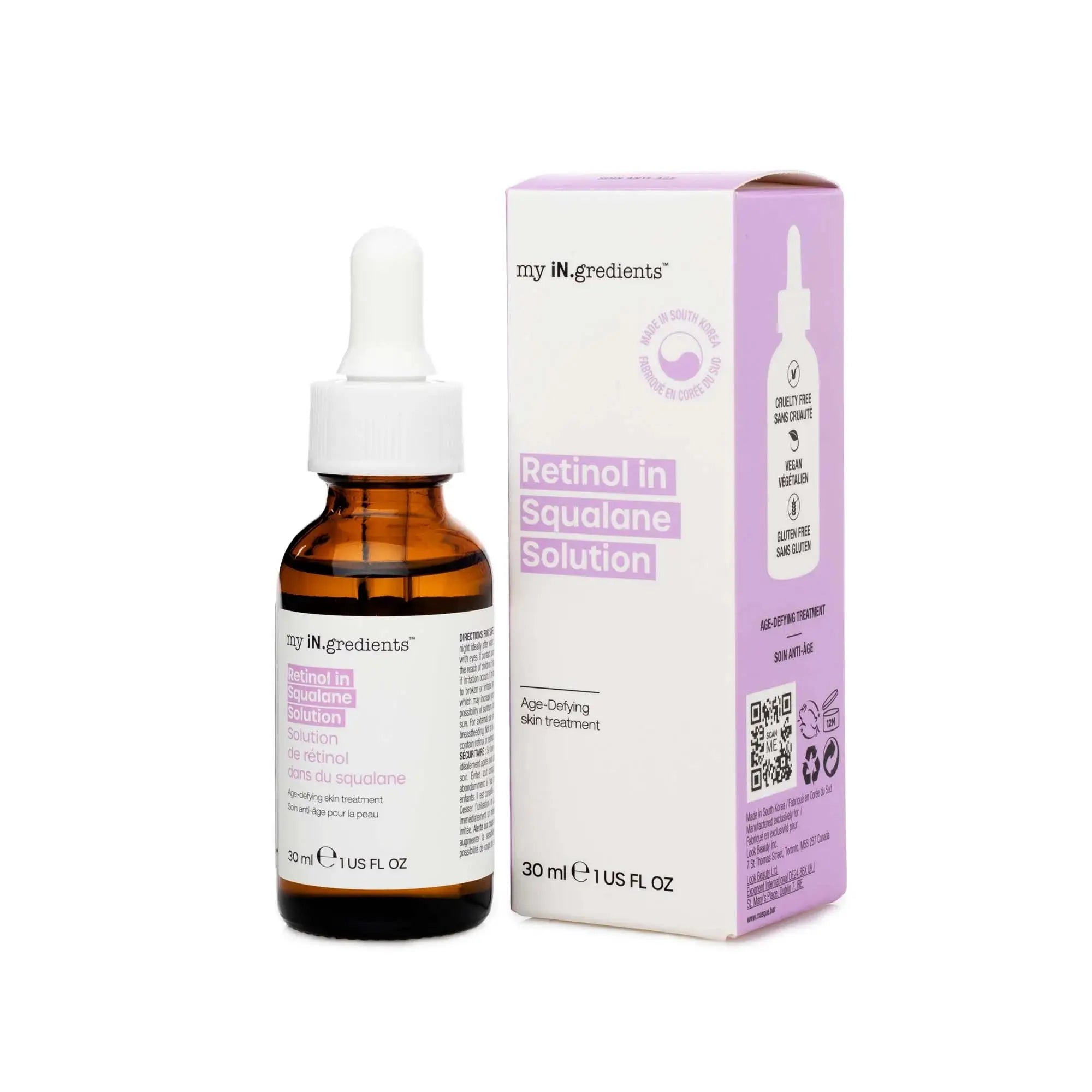 My iN.gredients Retinol Squalane Night Treatment 30ml bottle and box set, designed to improve skin tone, texture, and reduce wrinkles.