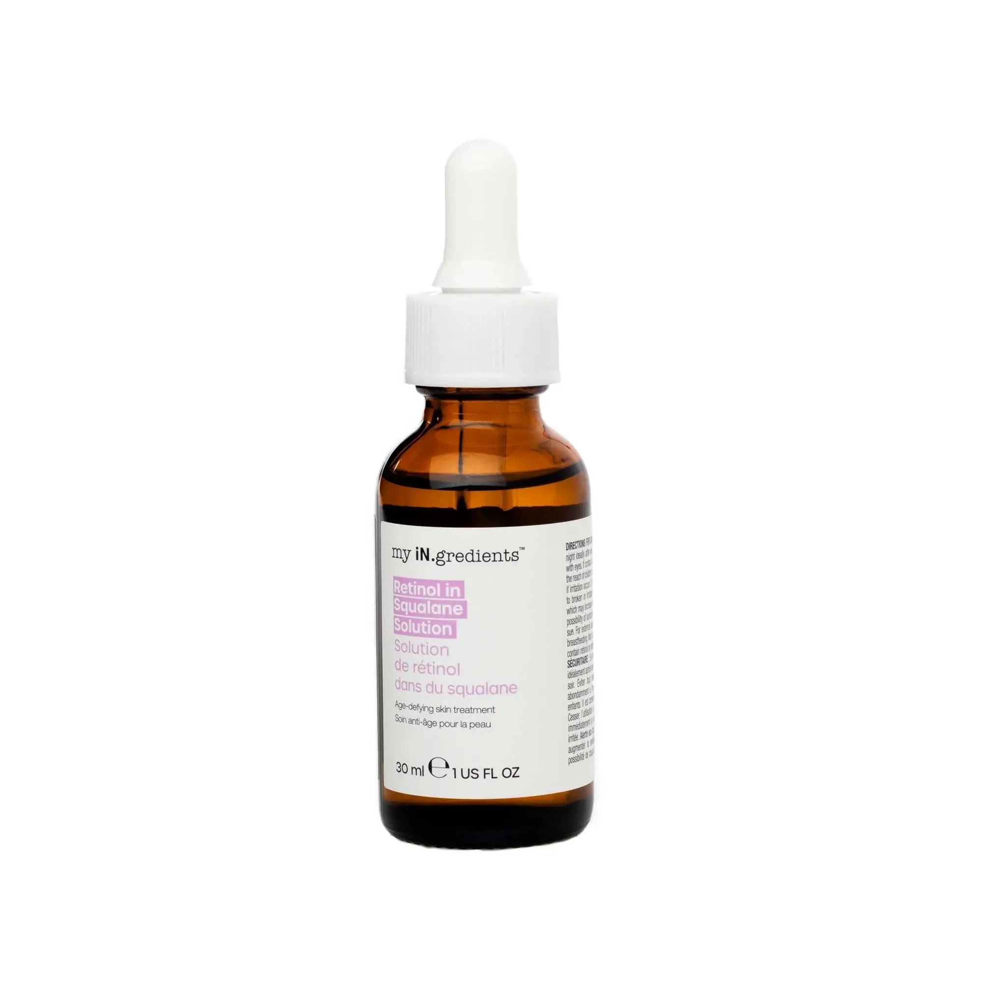 My iN.gredients Retinol in Squalane Solution 30ml facial serum bottle, designed for all skin types to improve tone and texture.