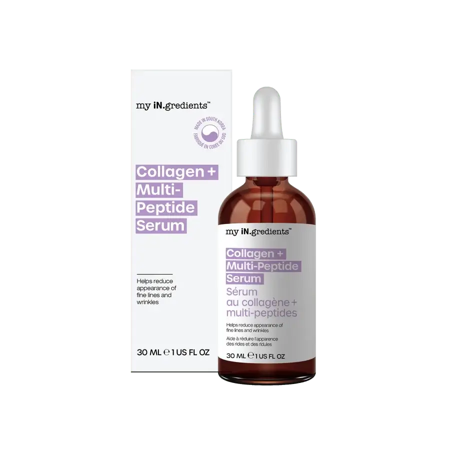 My iN.gredients Collagen + Multi-Peptide Serum 30 ml with packaging, anti-aging facial serum for pore refinement and skin brightening.