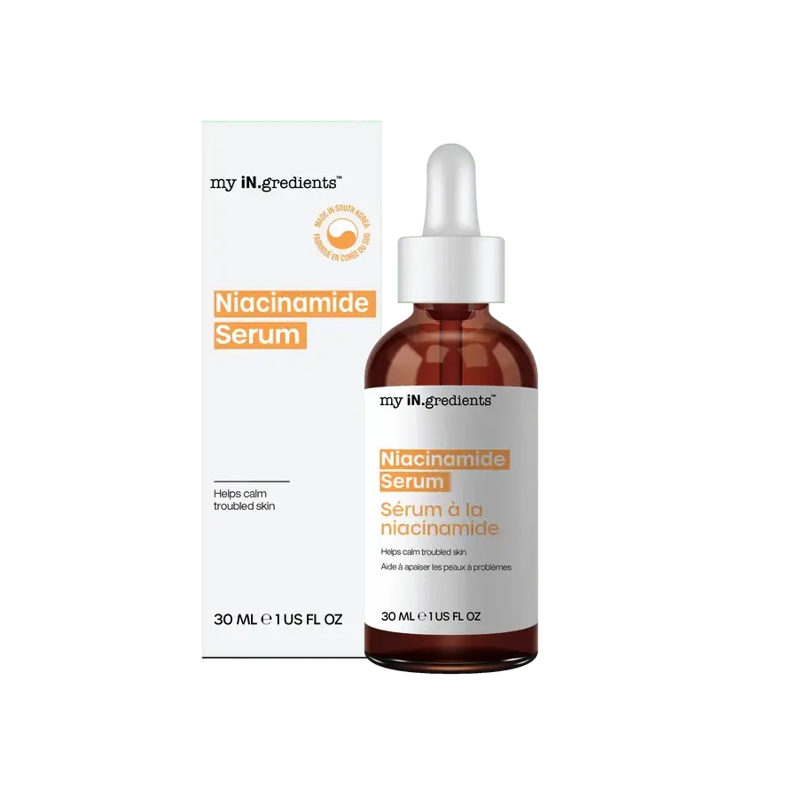 My iN.gredients Niacinamide Serum 30 ml with box packaging, ideal for calming troubled skin and refining texture for all skin types.